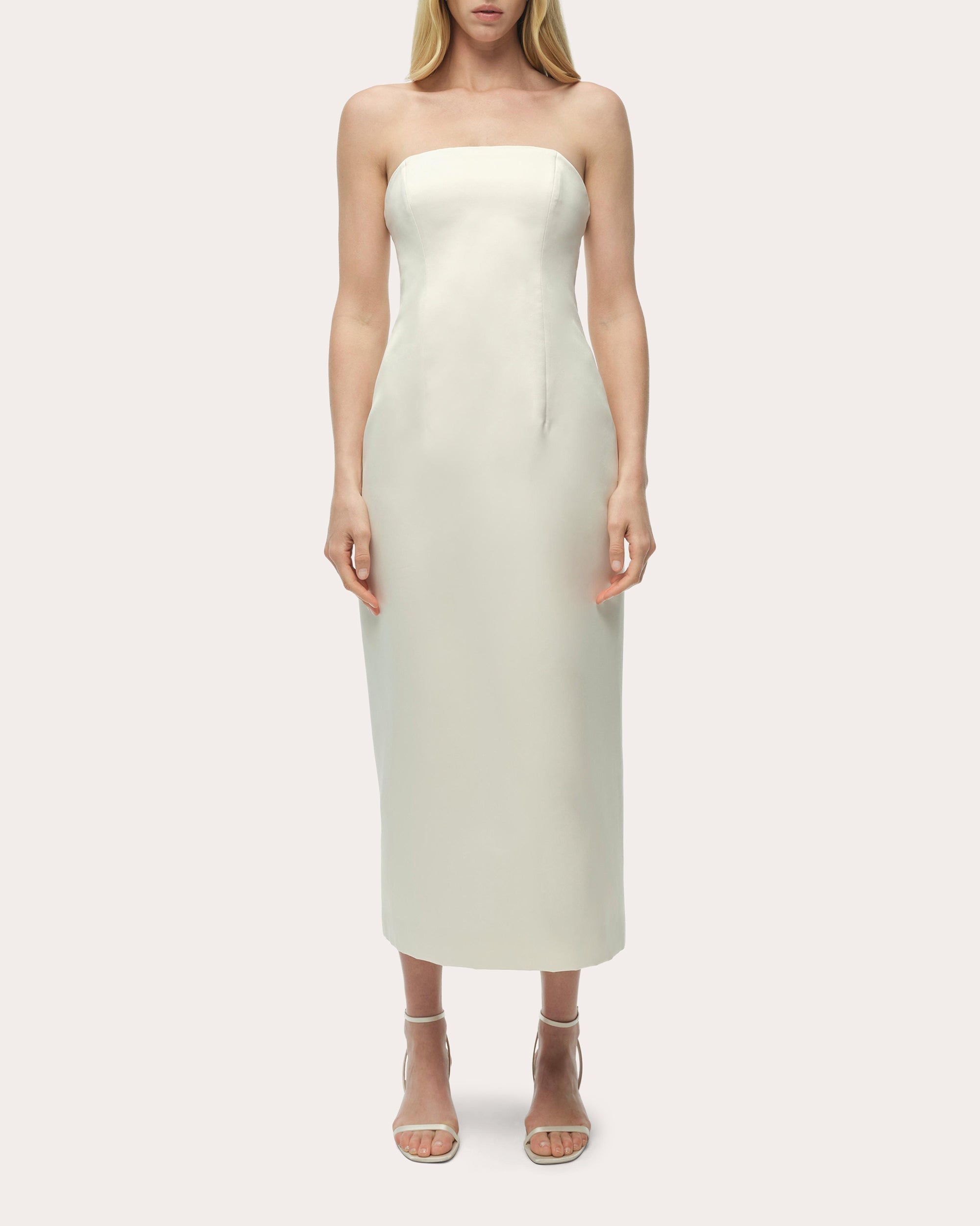 Enid Satin Bustier Strapless Midi Dress