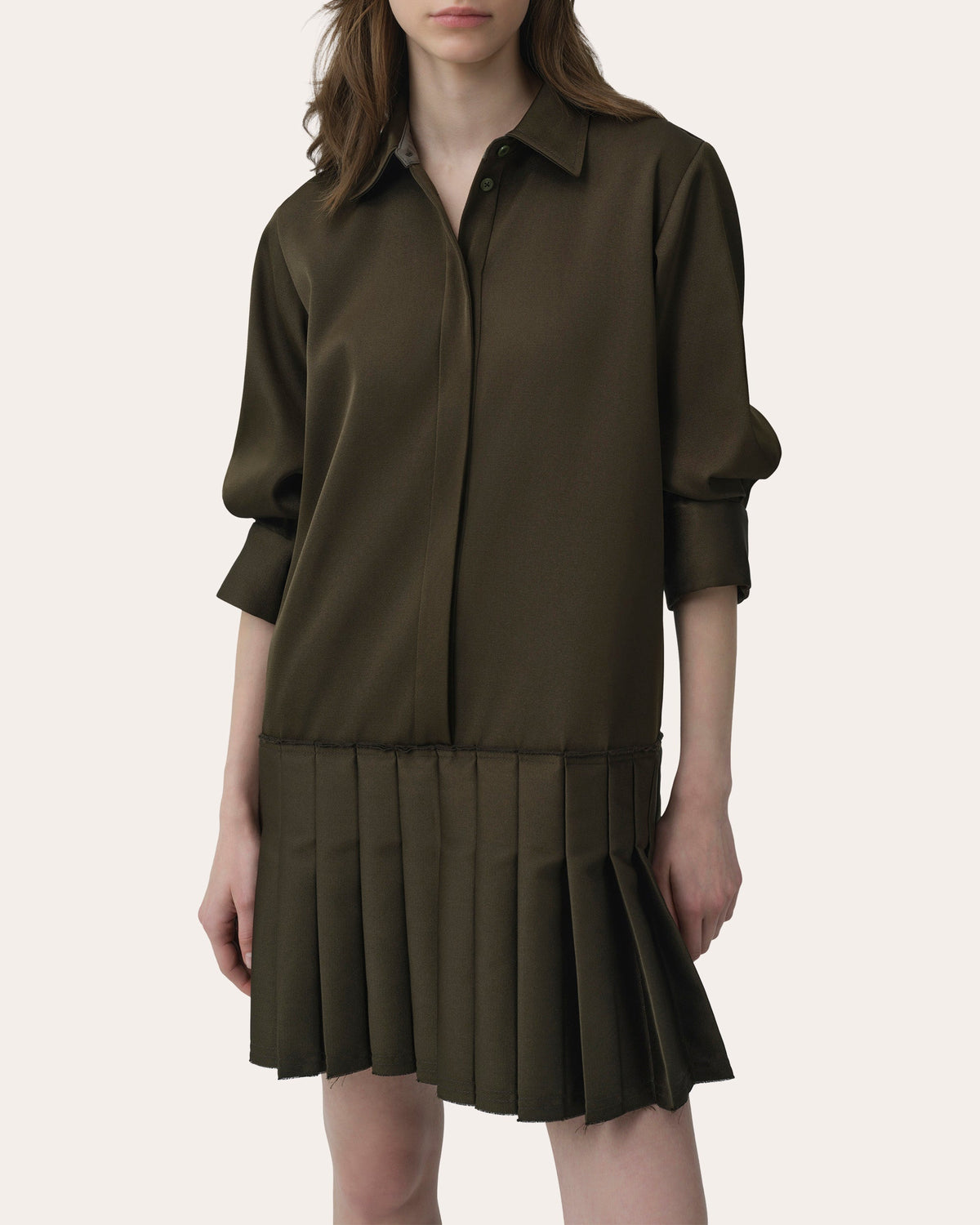 Regina Twill Pleated Drop-Waist Shirt Dress