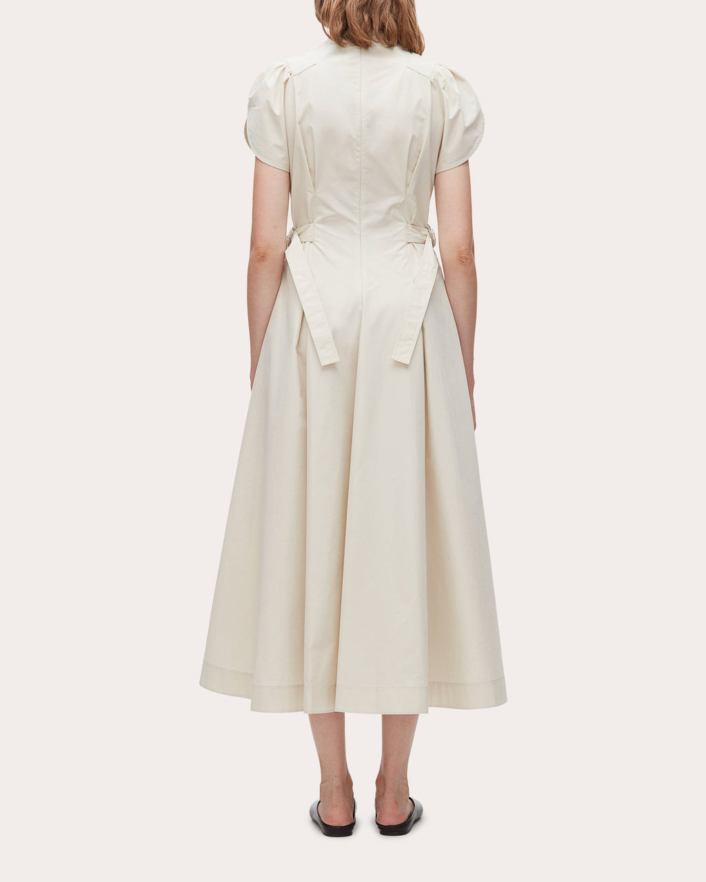 Cotton Poplin Pleated Tulip-Sleeve Midi Dress