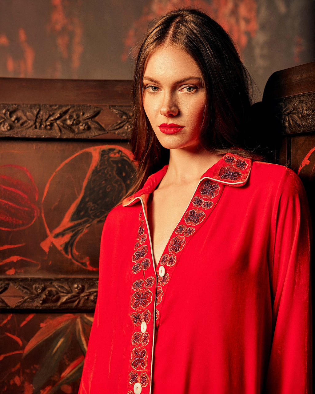 Tokyo Embroidered Velvet Pajama Set