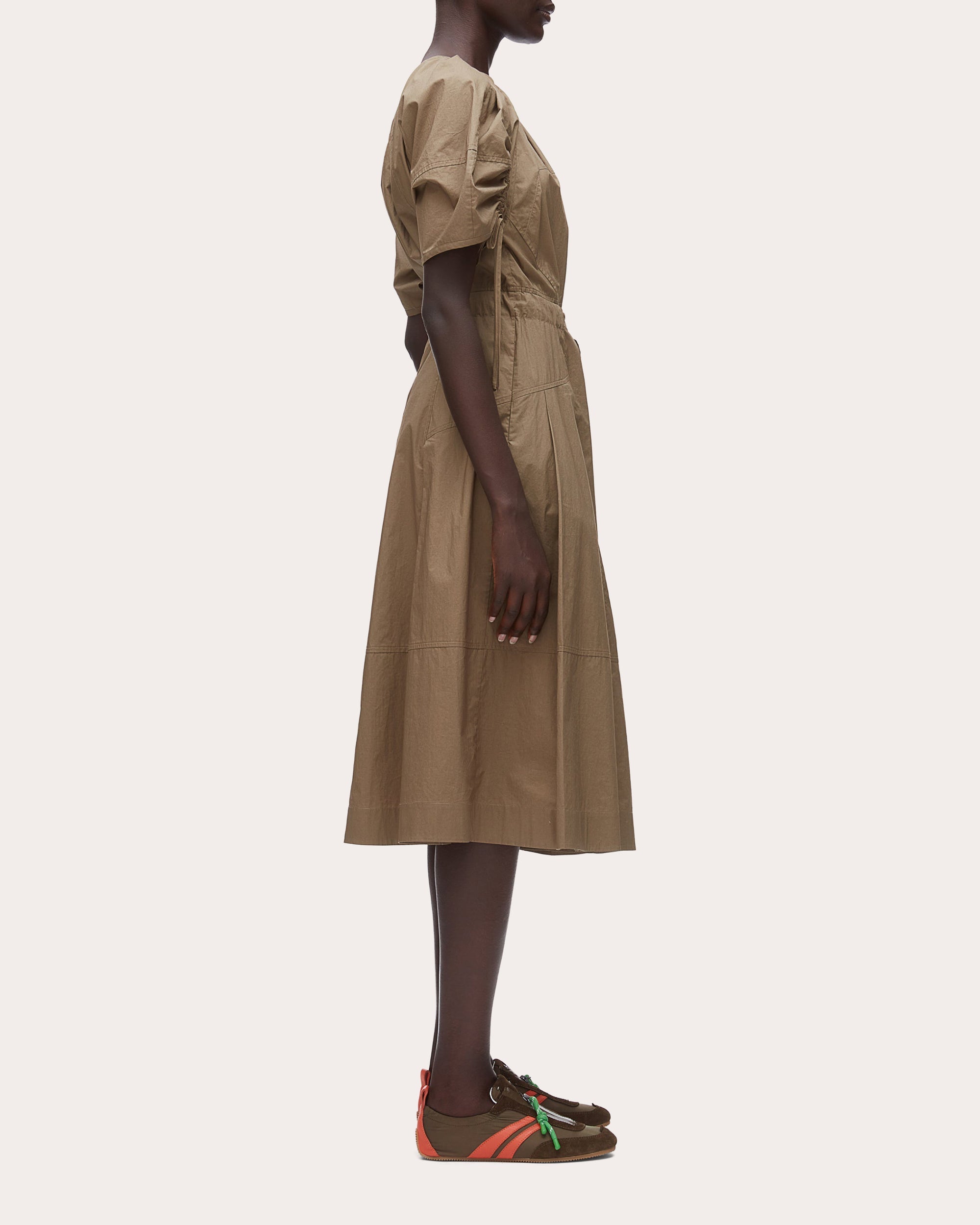 Cotton Poplin Ruched-Sleeve Midi Dress