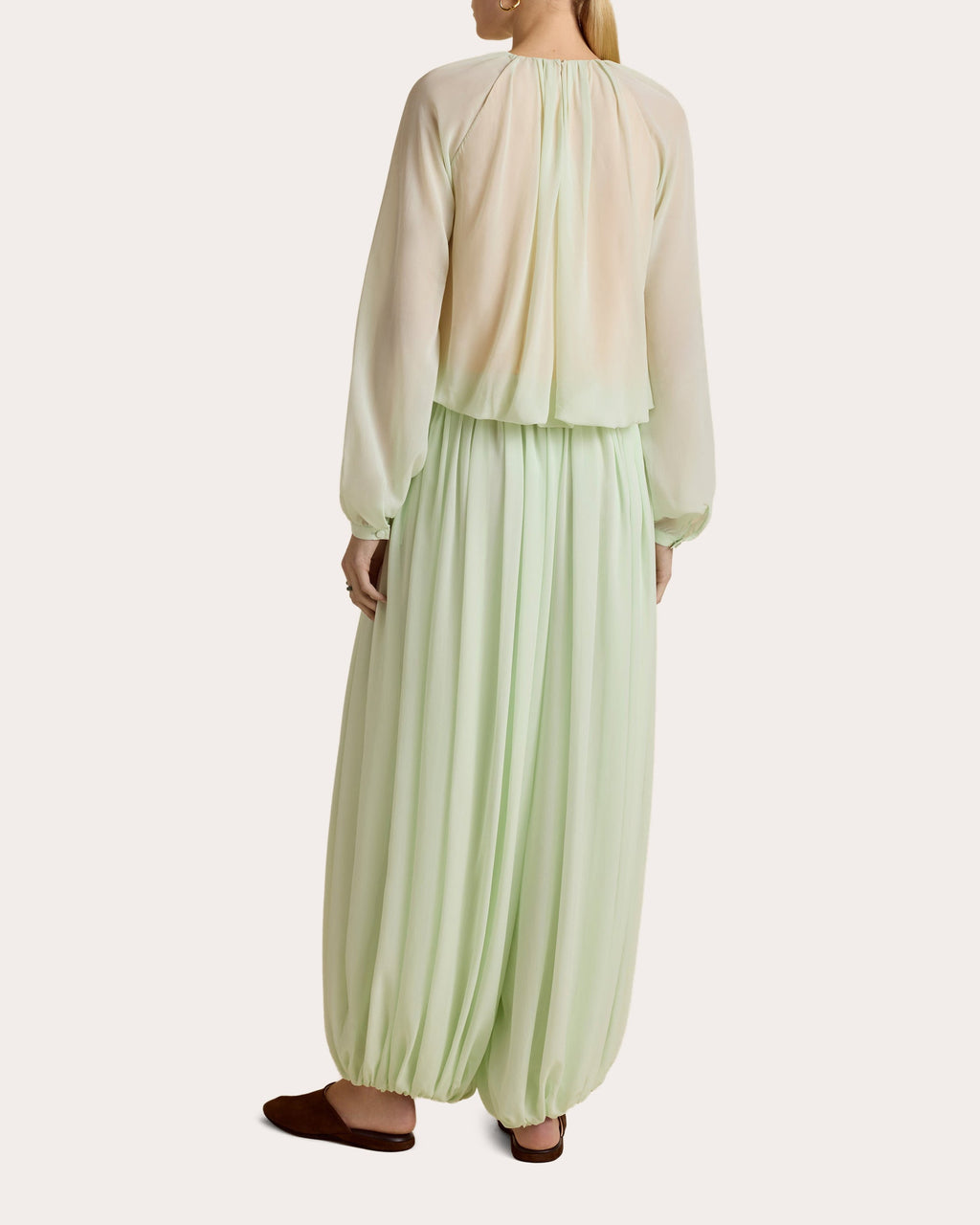 Silk Chiffon Gathered Long-Sleeve Blouse