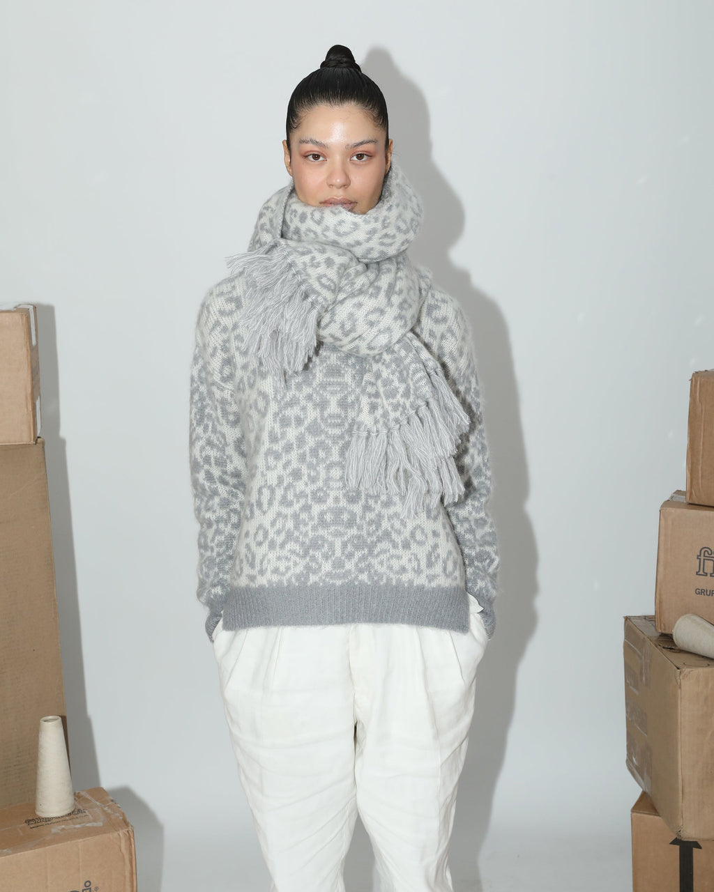 Cristobal Leopard Jacquard Cashmere Wool Fringed Scarf