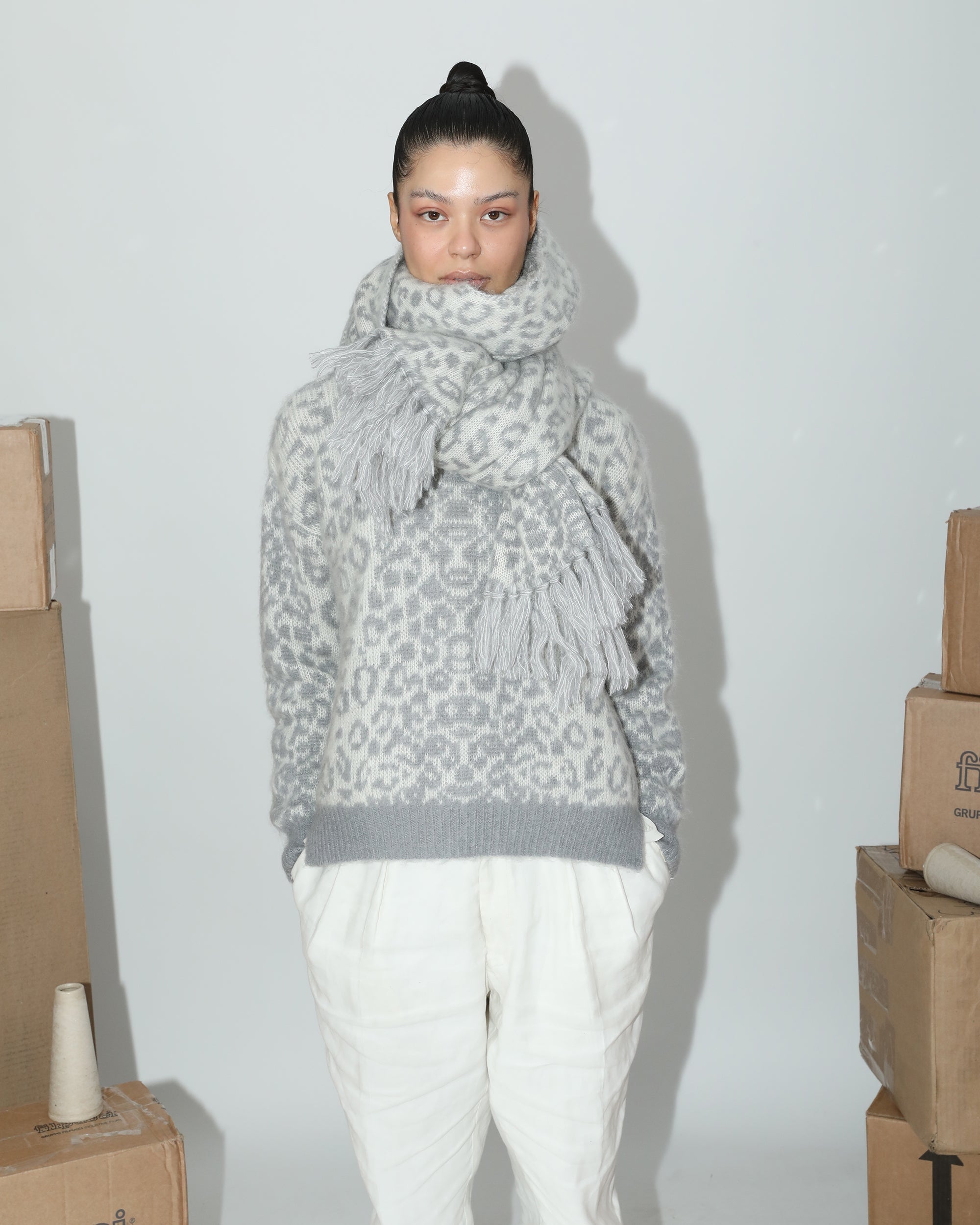 Cristobal Leopard Jacquard Cashmere Wool Fringed Scarf