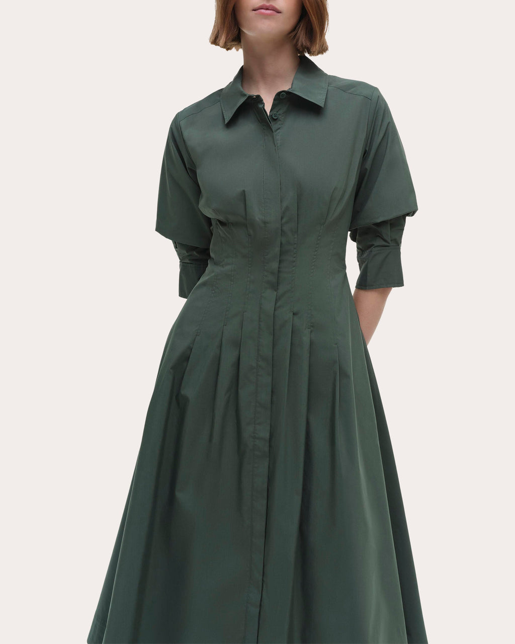 Jazz Pleated Cotton Poplin Midi Shirt Dress
