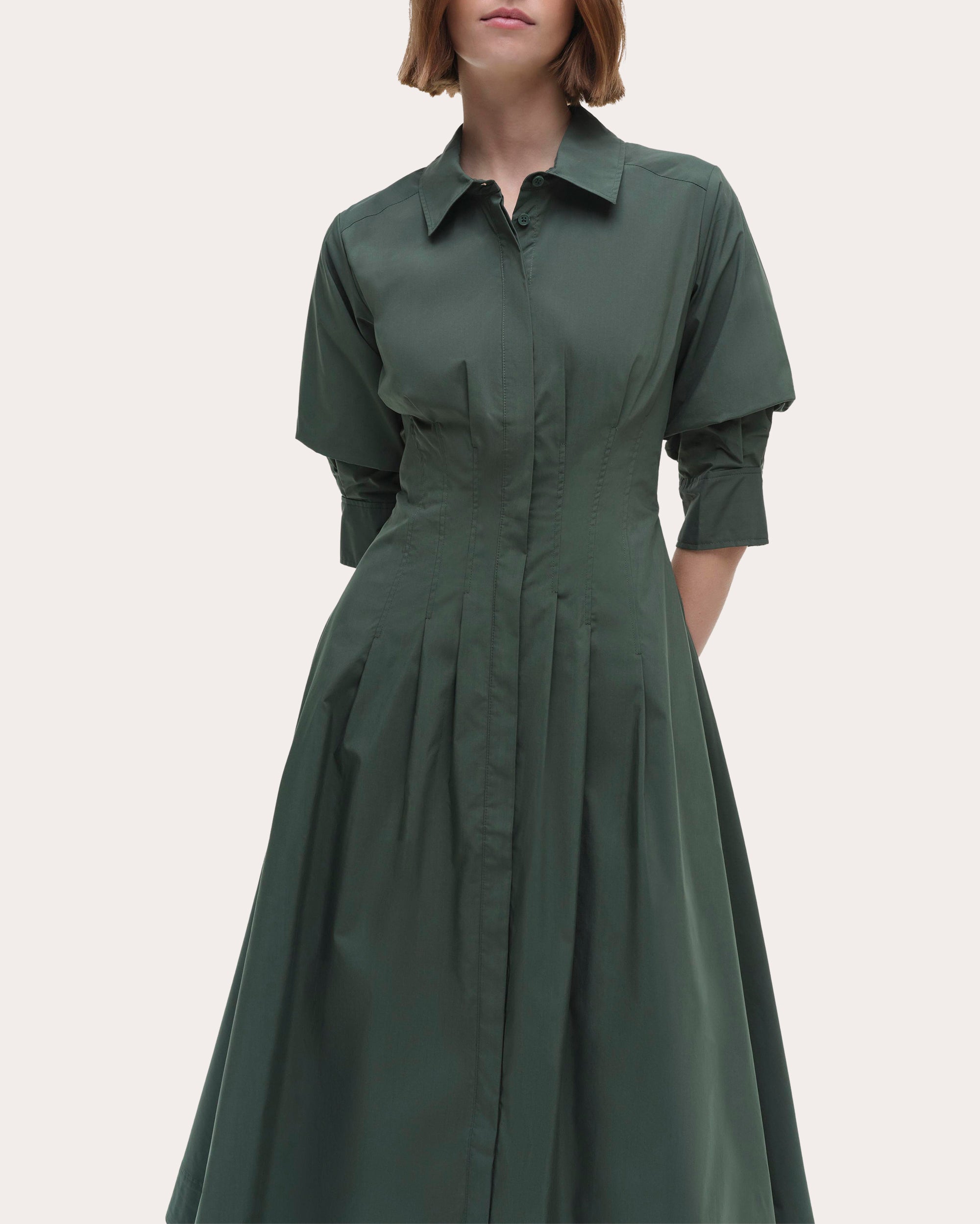 Jazz Pleated Cotton Poplin Midi Shirt Dress