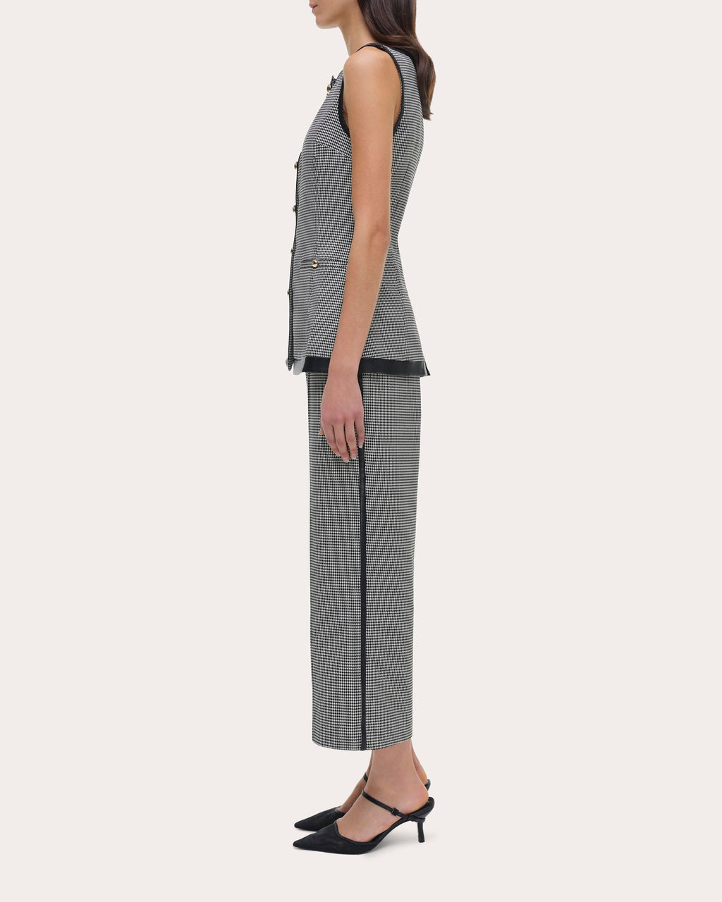 Cressida Faux Leather-Trim Houndstooth Top