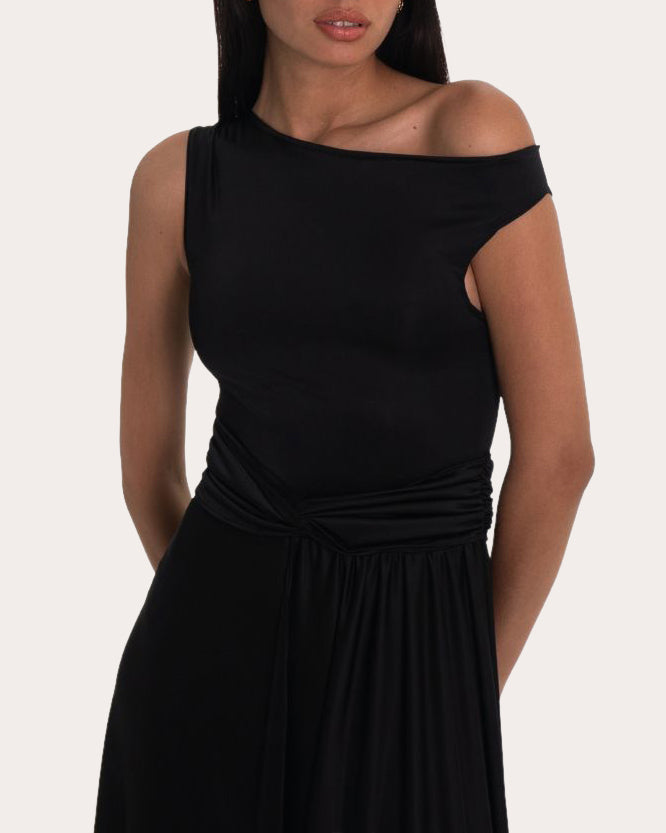 Geneve Ruched Jersey Asymmetric Gown