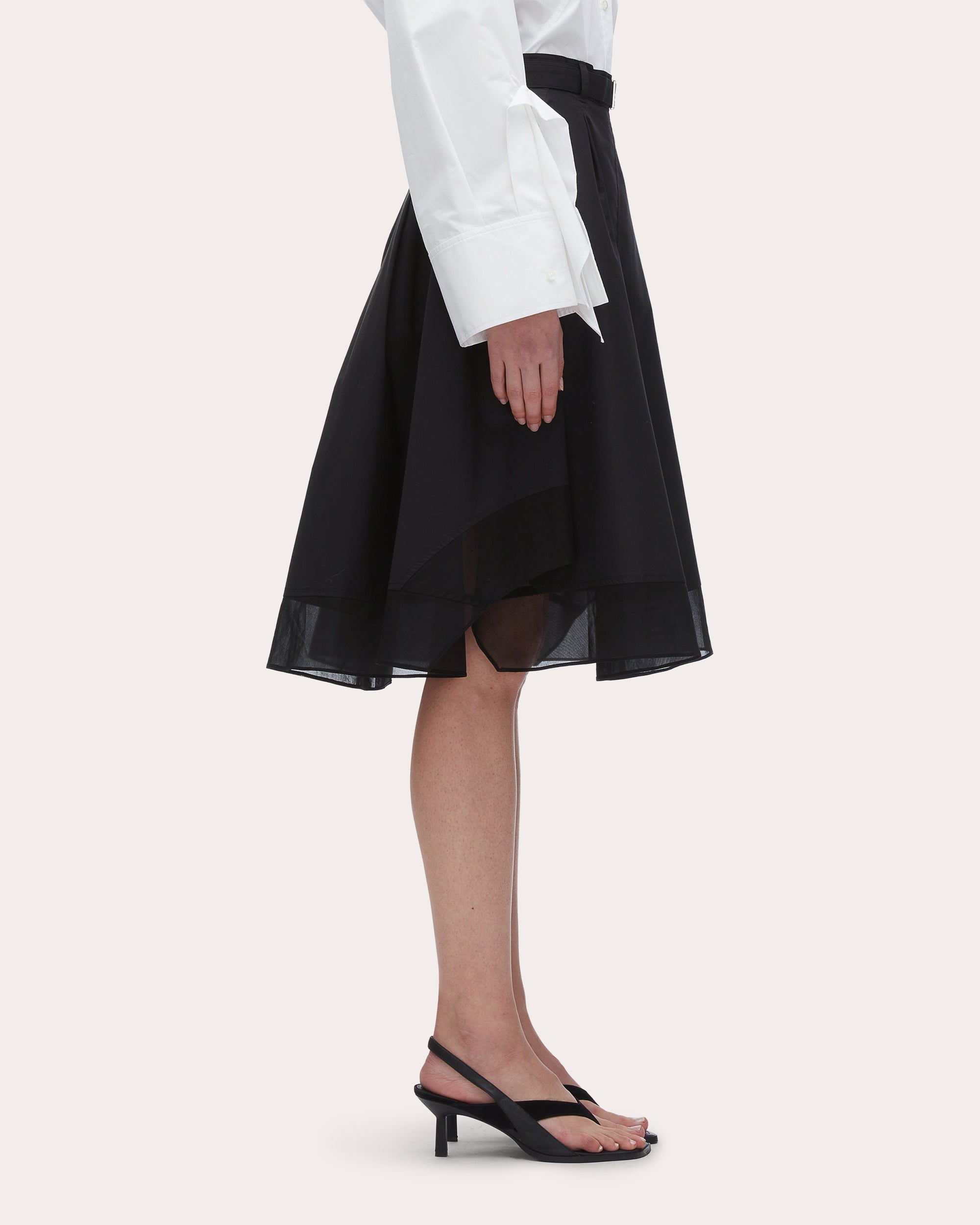 Poplin Voile-Trim Belted Flounce Skirt