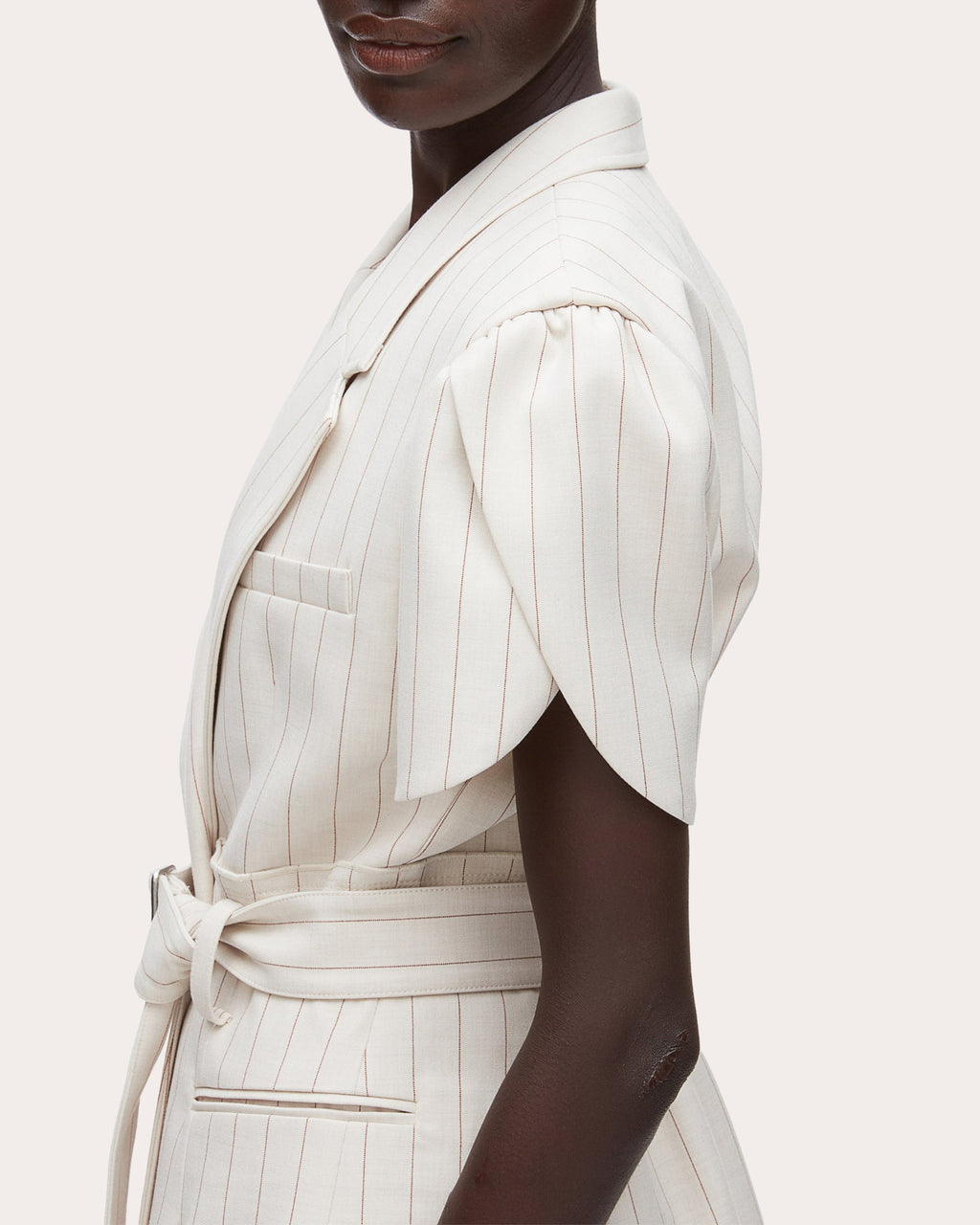 Pinstripe Tulip-Sleeve Belted Blazer