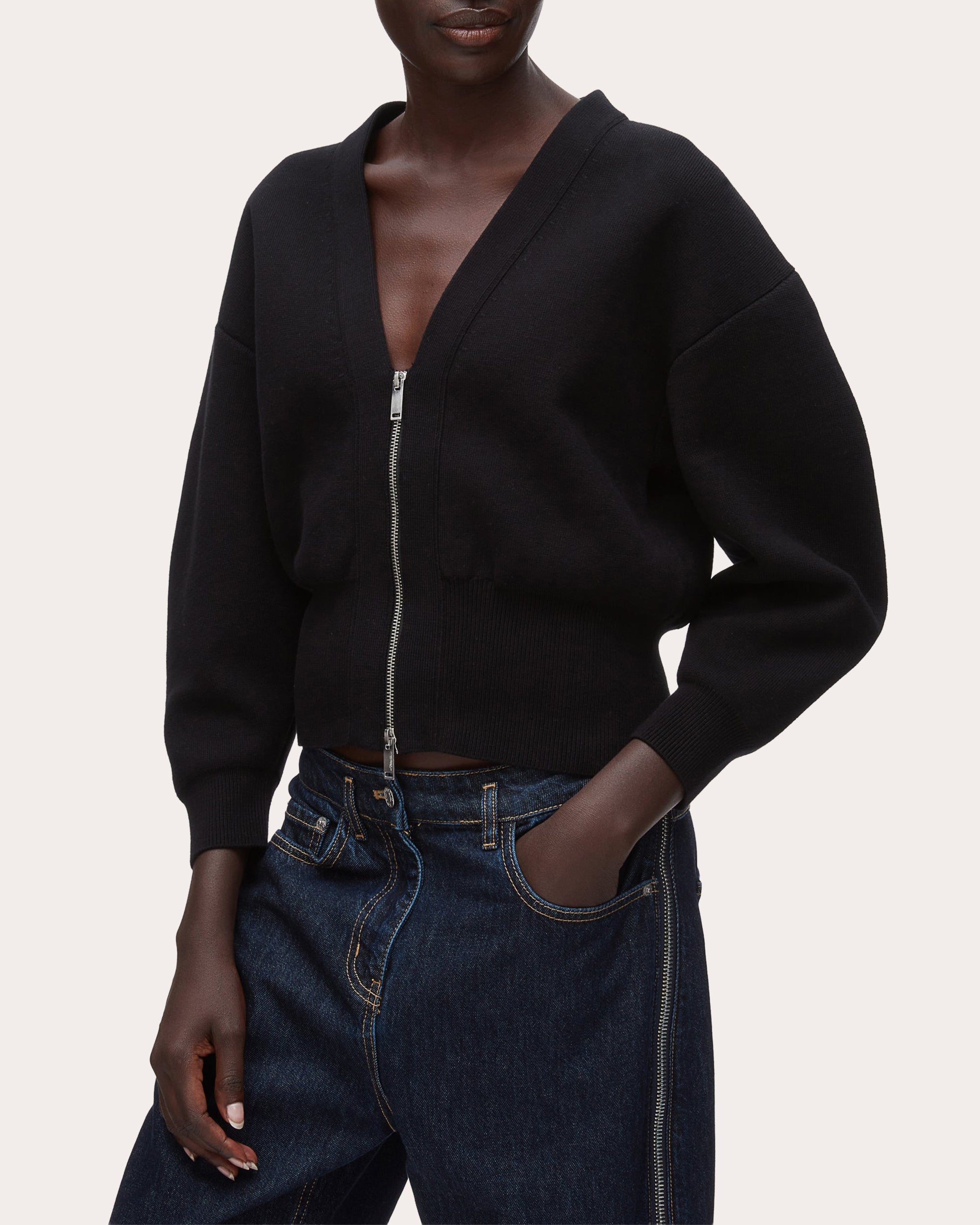Cotton Knit Sculpted-Sleeve Crop Cardigan