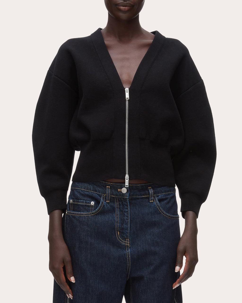 Cotton Knit Sculpted-Sleeve Crop Cardigan