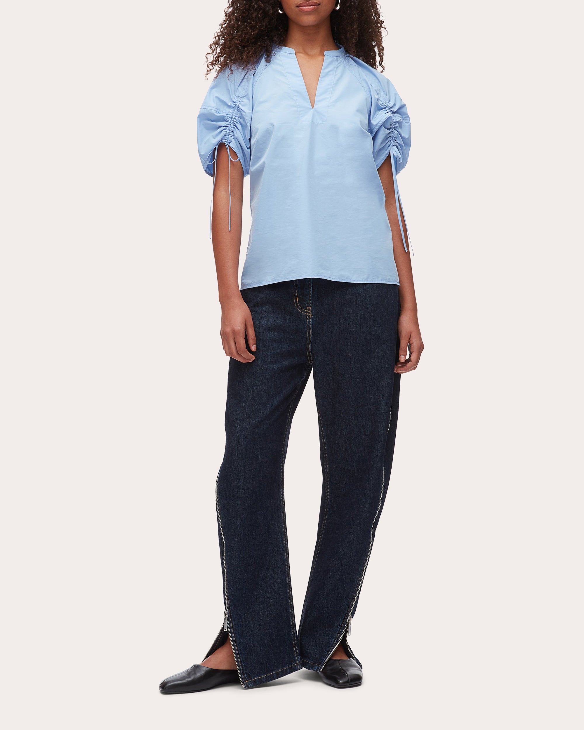 Cotton Poplin Ruched Puff-Sleeve Top