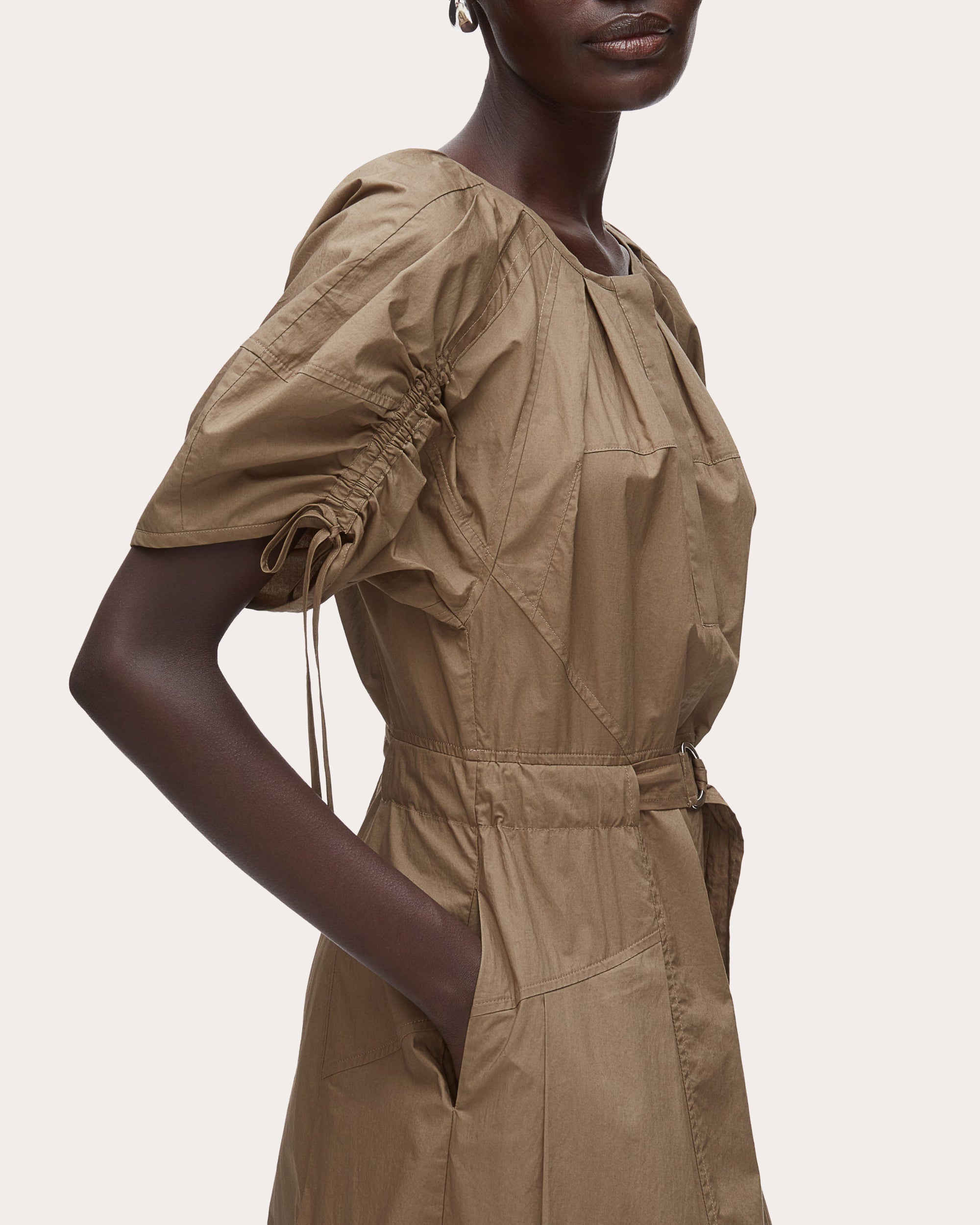 Cotton Poplin Ruched-Sleeve Midi Dress