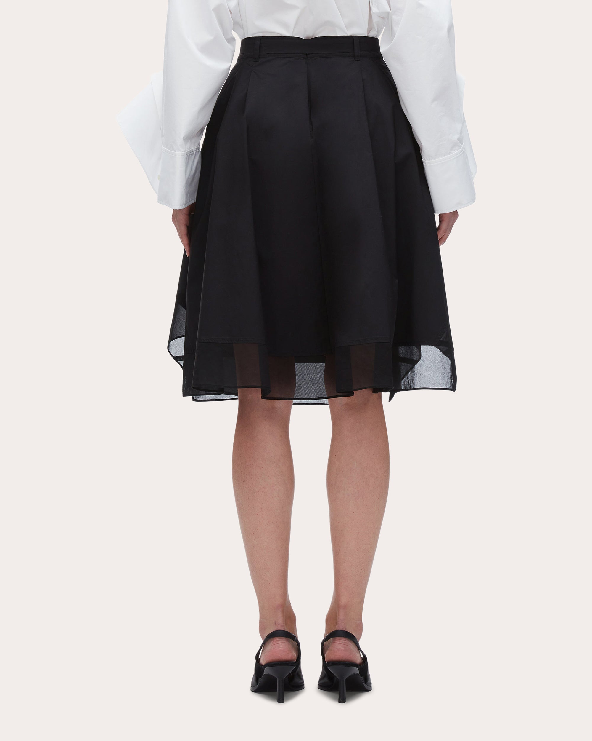 Poplin Voile-Trim Belted Flounce Skirt