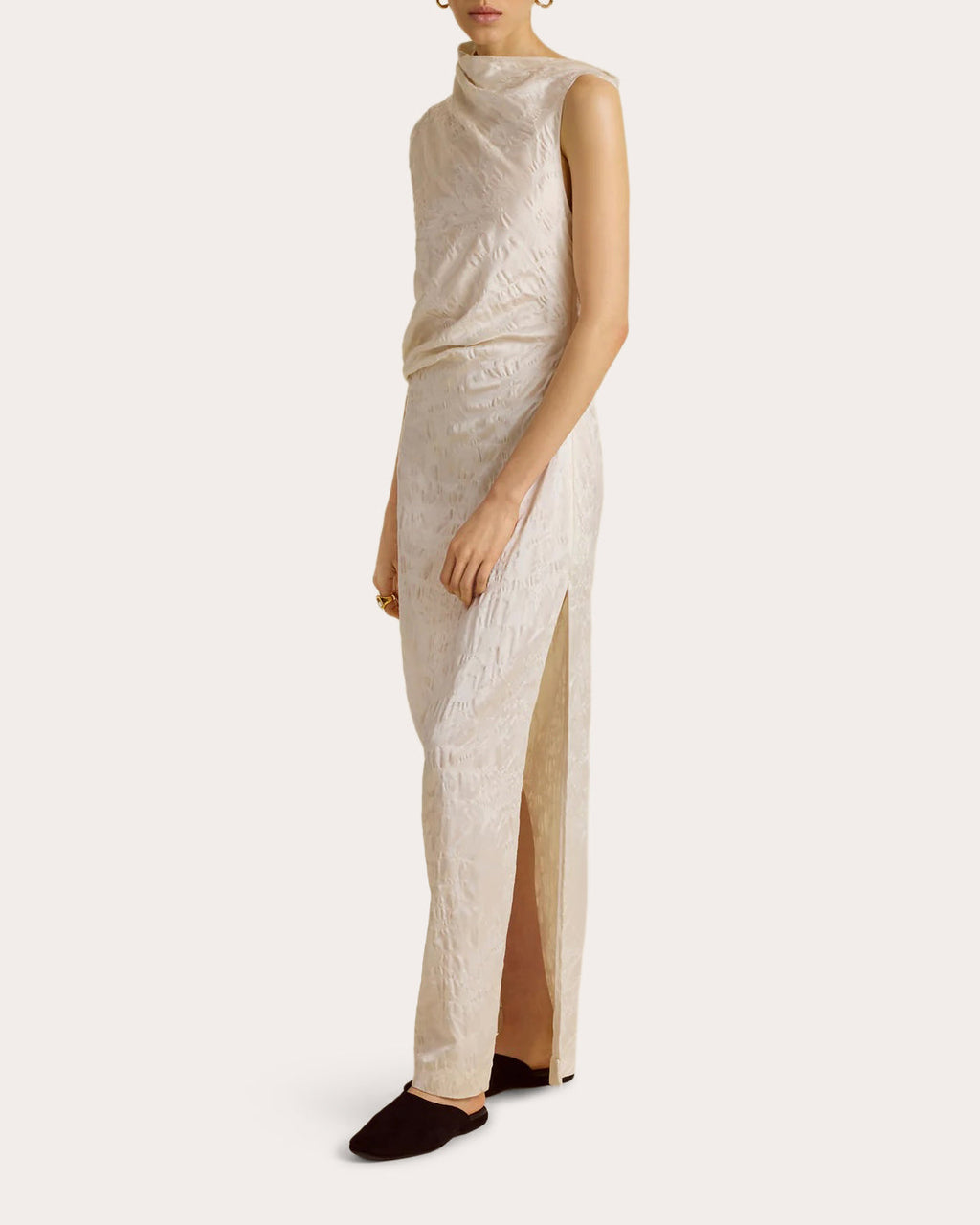 Satin Jacquard Asymmetric Drape Column Dress