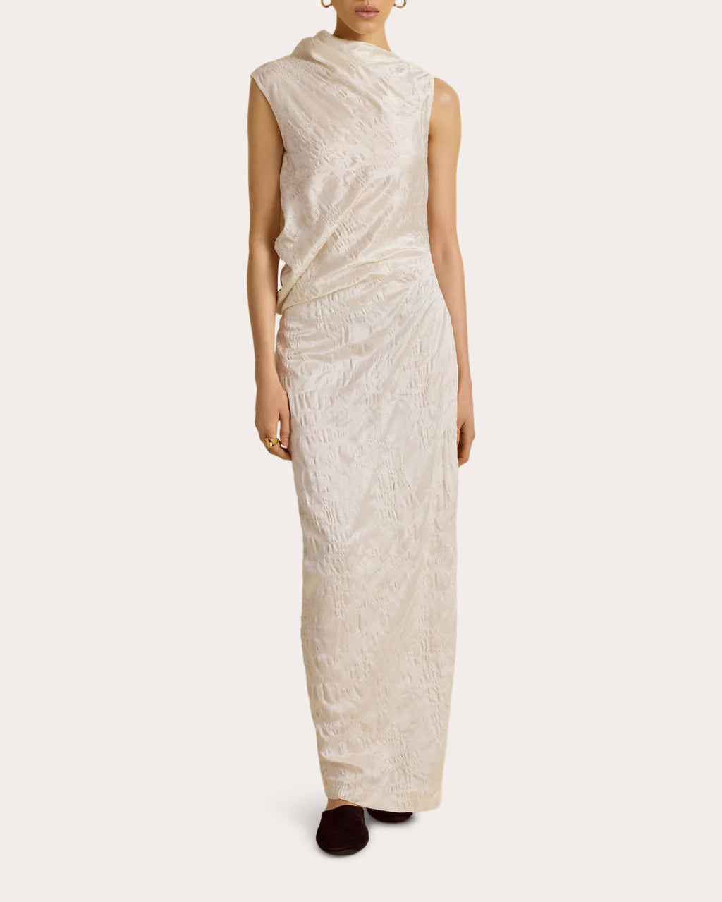 Satin Jacquard Asymmetric Drape Column Dress