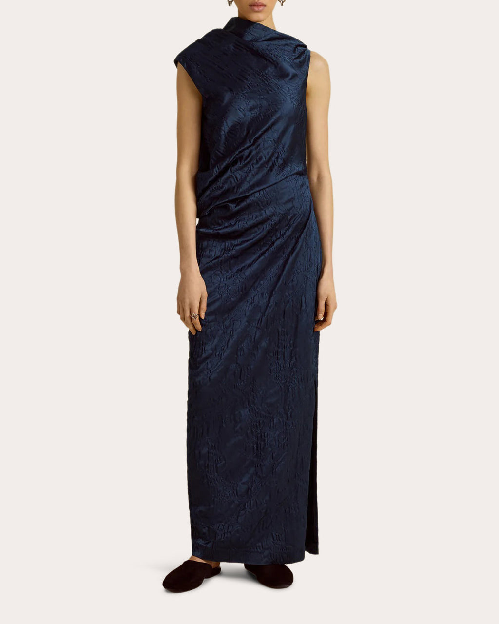 Satin Jacquard Asymmetric Drape Column Dress