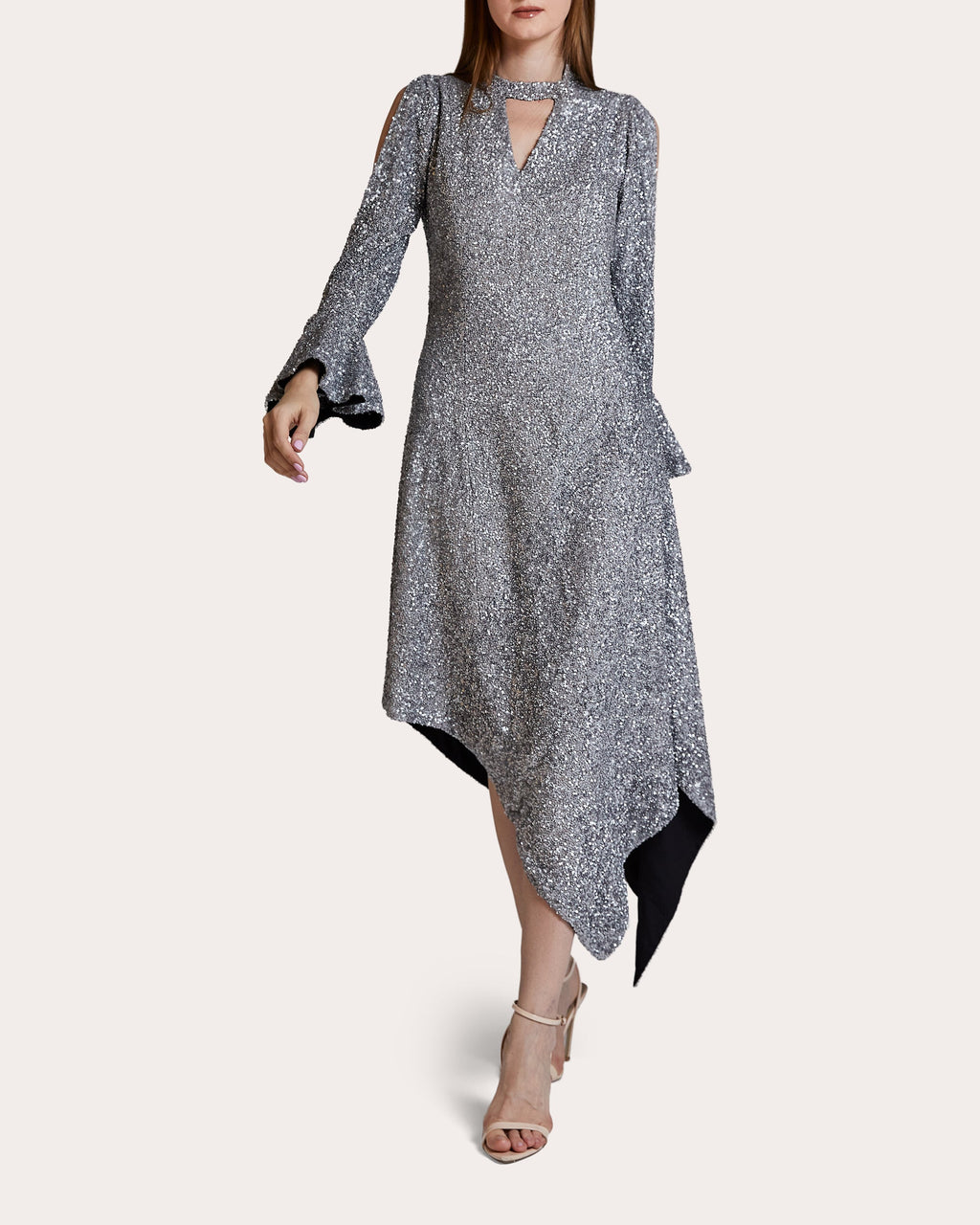 Whitney Sequin Silk Georgette Asymmetric Midi Dress