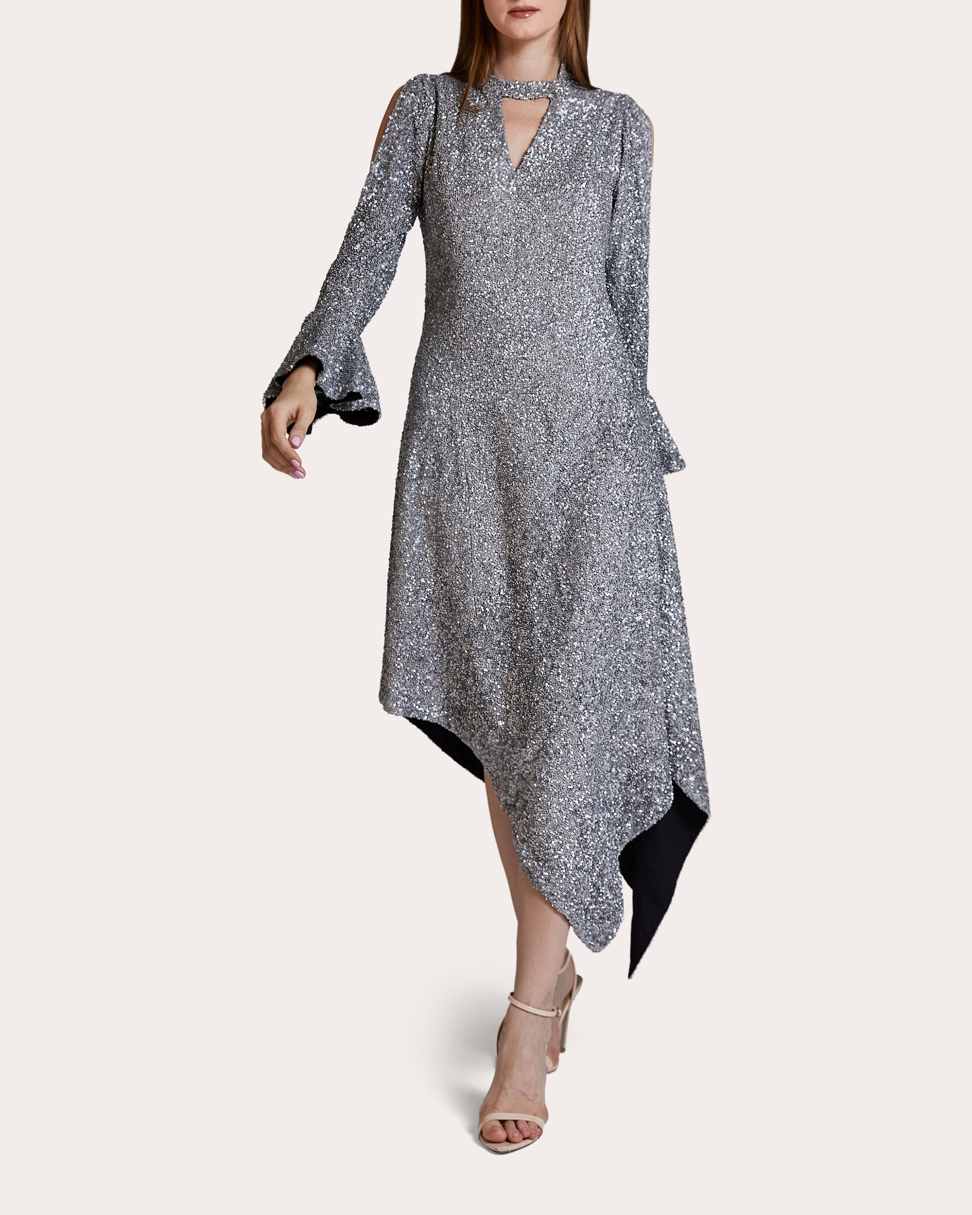 Whitney Sequin Silk Georgette Asymmetric Midi Dress