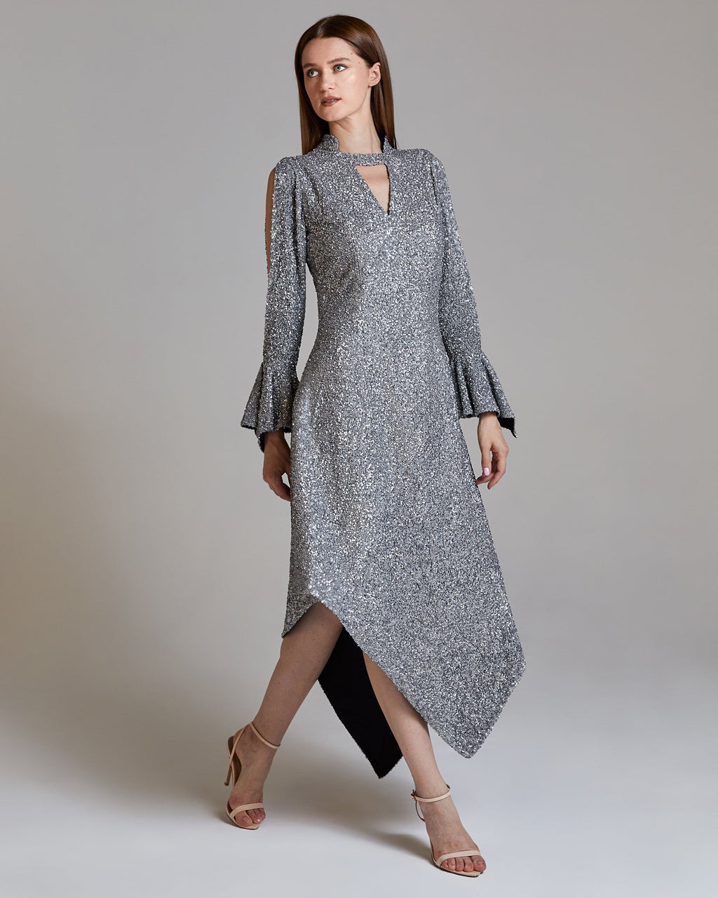 Whitney Sequin Silk Georgette Asymmetric Midi Dress