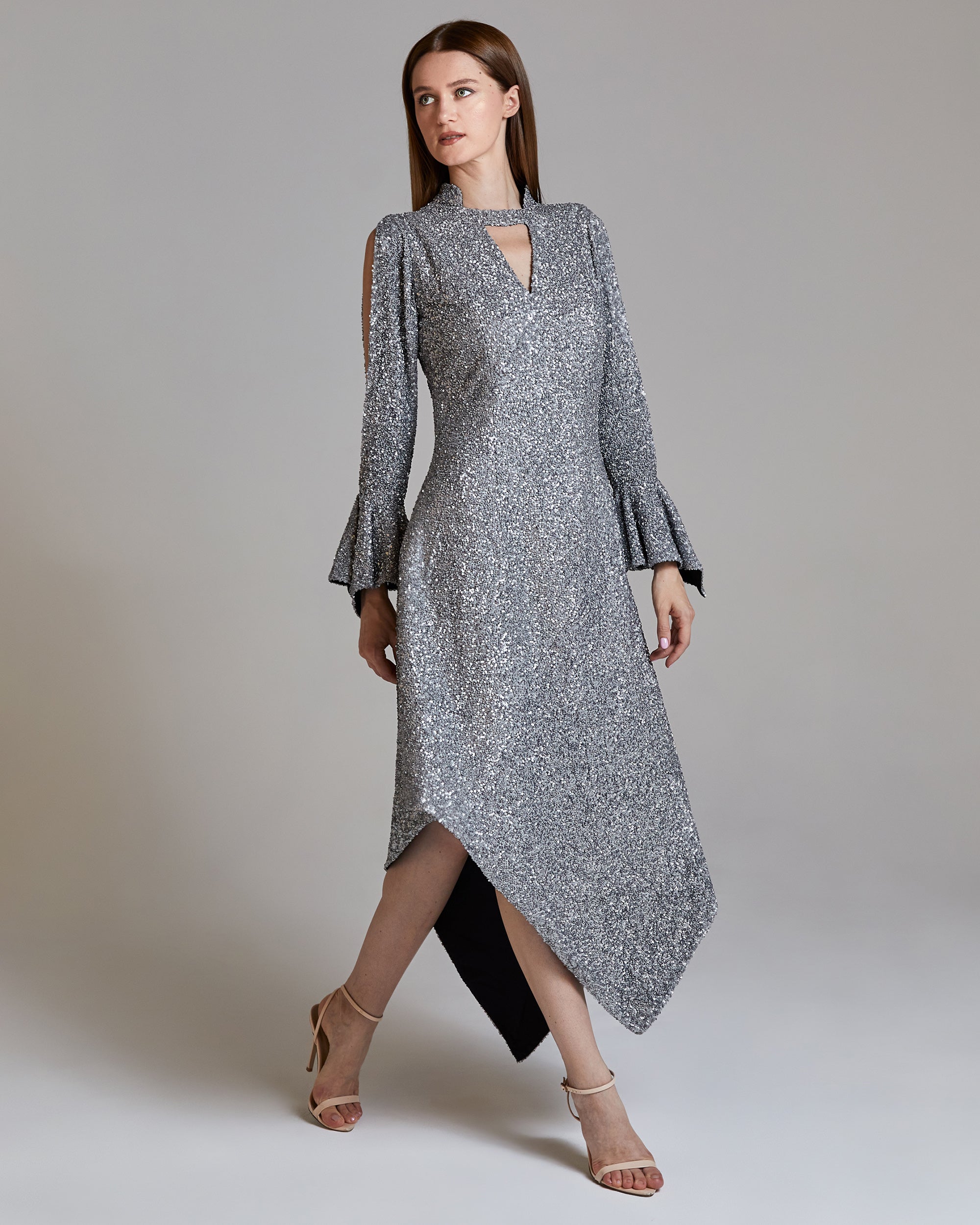 Whitney Sequin Silk Georgette Asymmetric Midi Dress