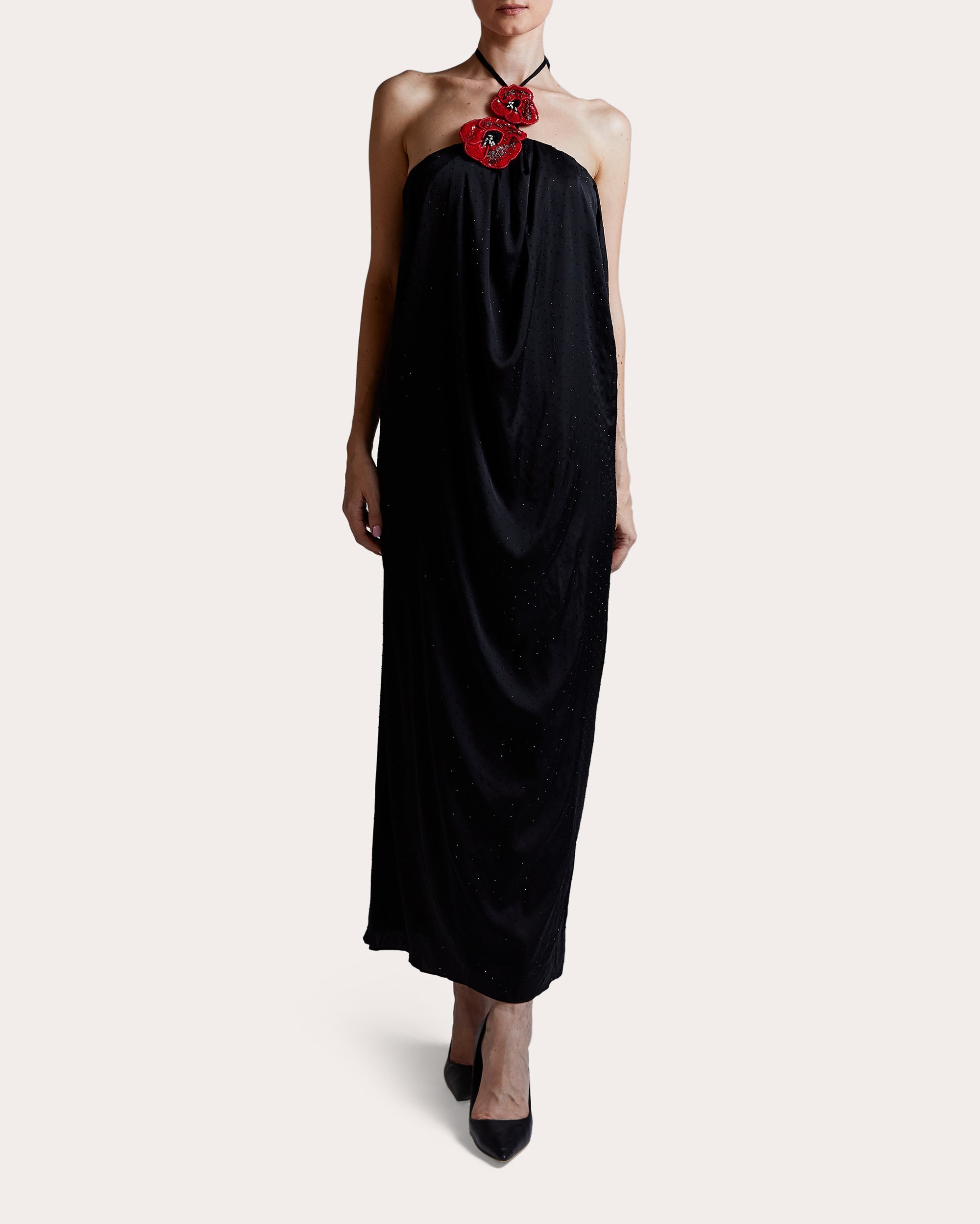 Poppy Floral Appliqué Crystal Silk Midi Dress