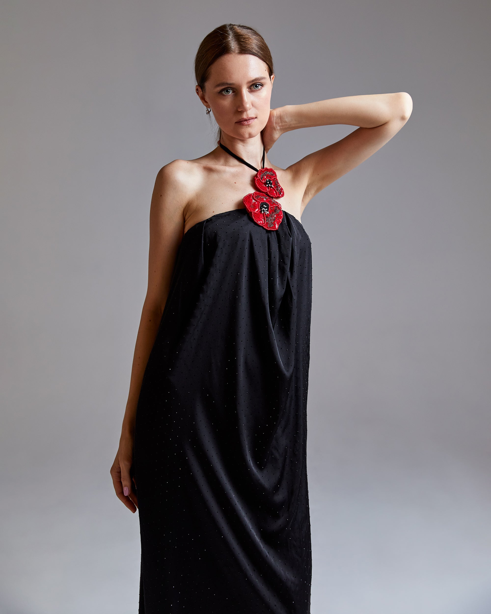 Poppy Floral Appliqué Crystal Silk Midi Dress