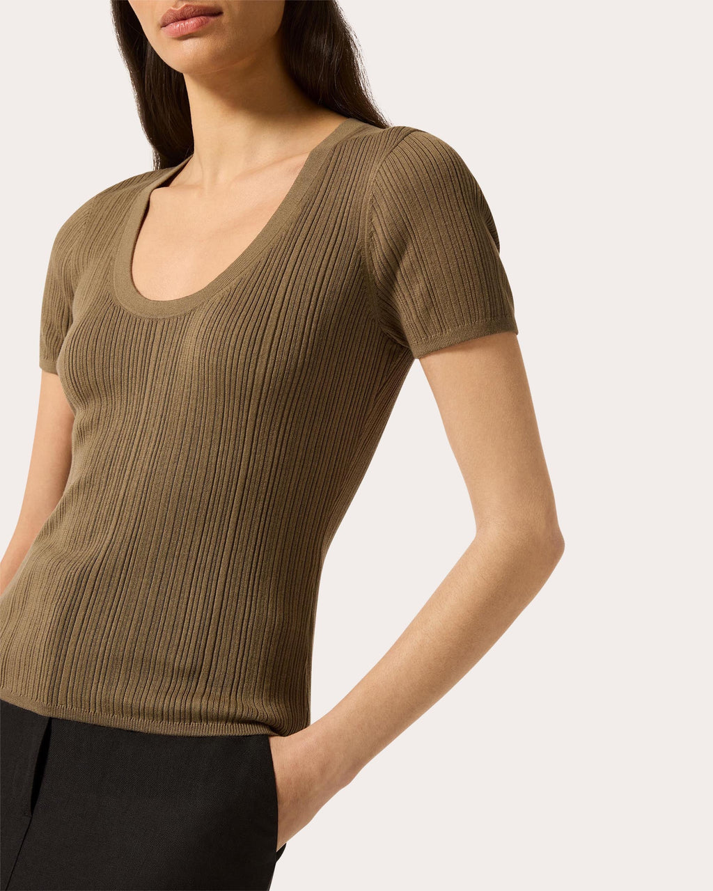 Ribbed Silk-Cotton Scoop Neck Tee