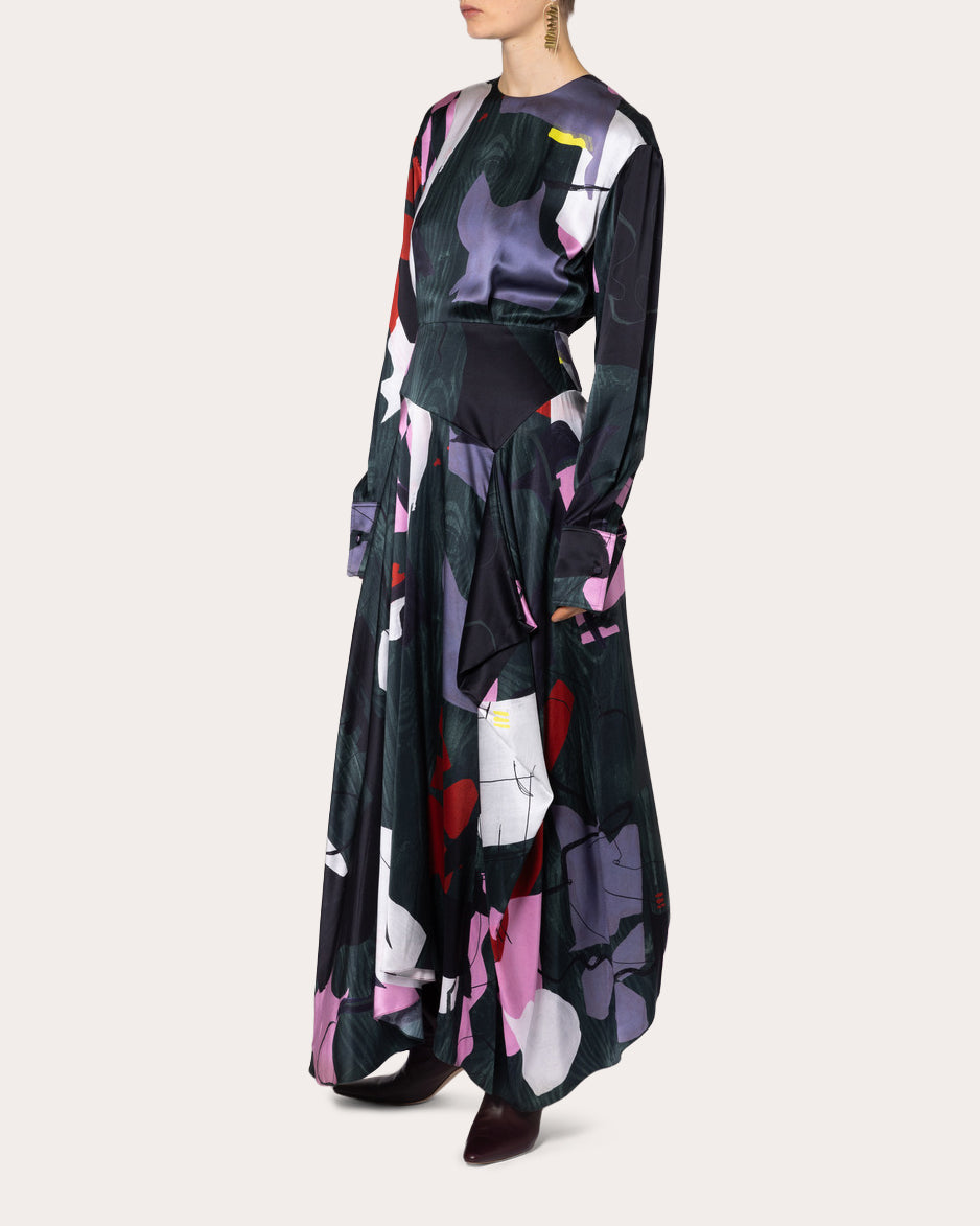 Astrid Printed Asymmetric Satin Dress