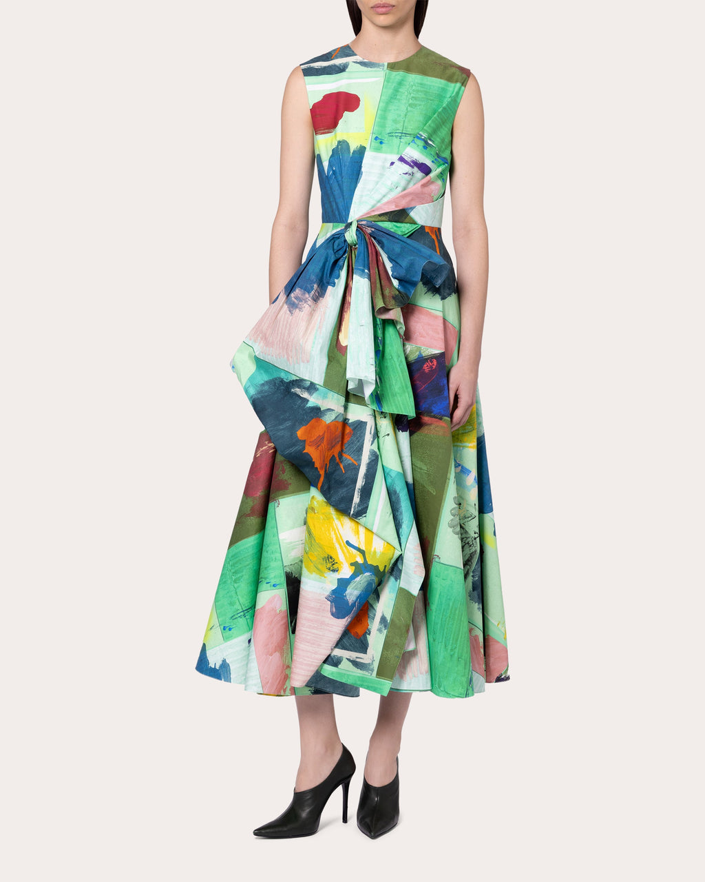 Nura Abstract Cotton Pleated Bow Midi Dress