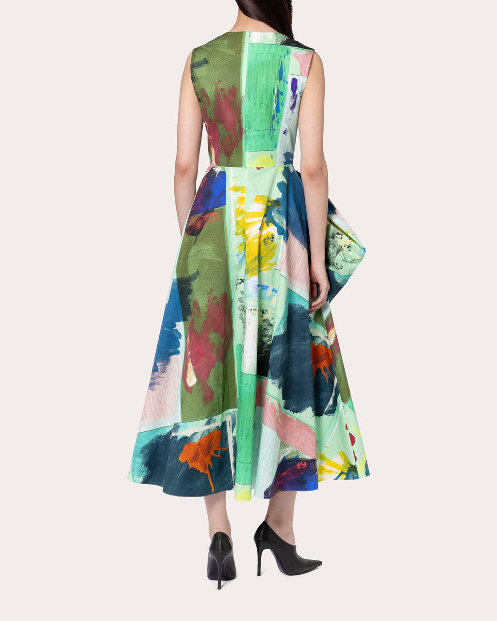 Nura Abstract Cotton Pleated Bow Midi Dress