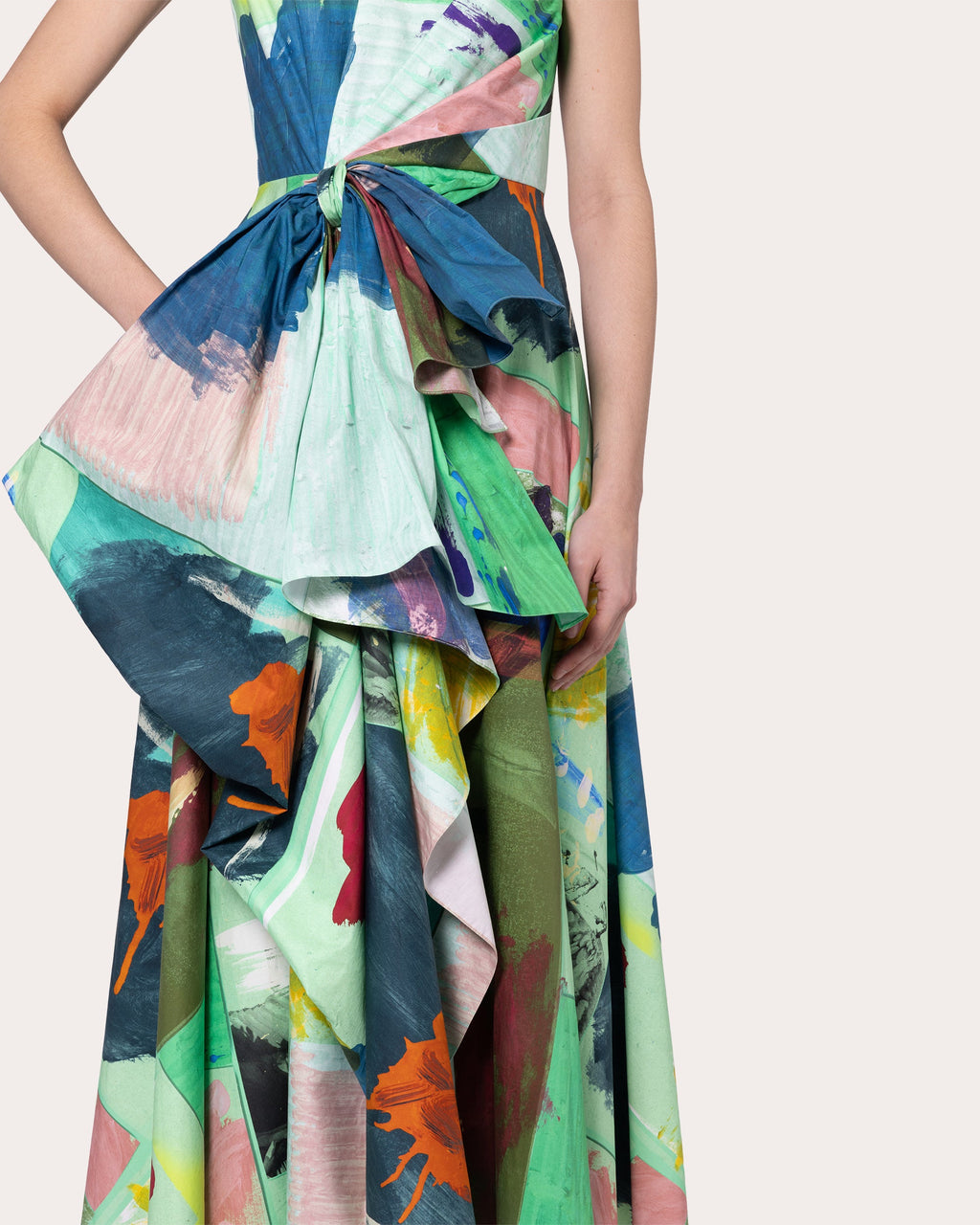 Nura Abstract Cotton Pleated Bow Midi Dress