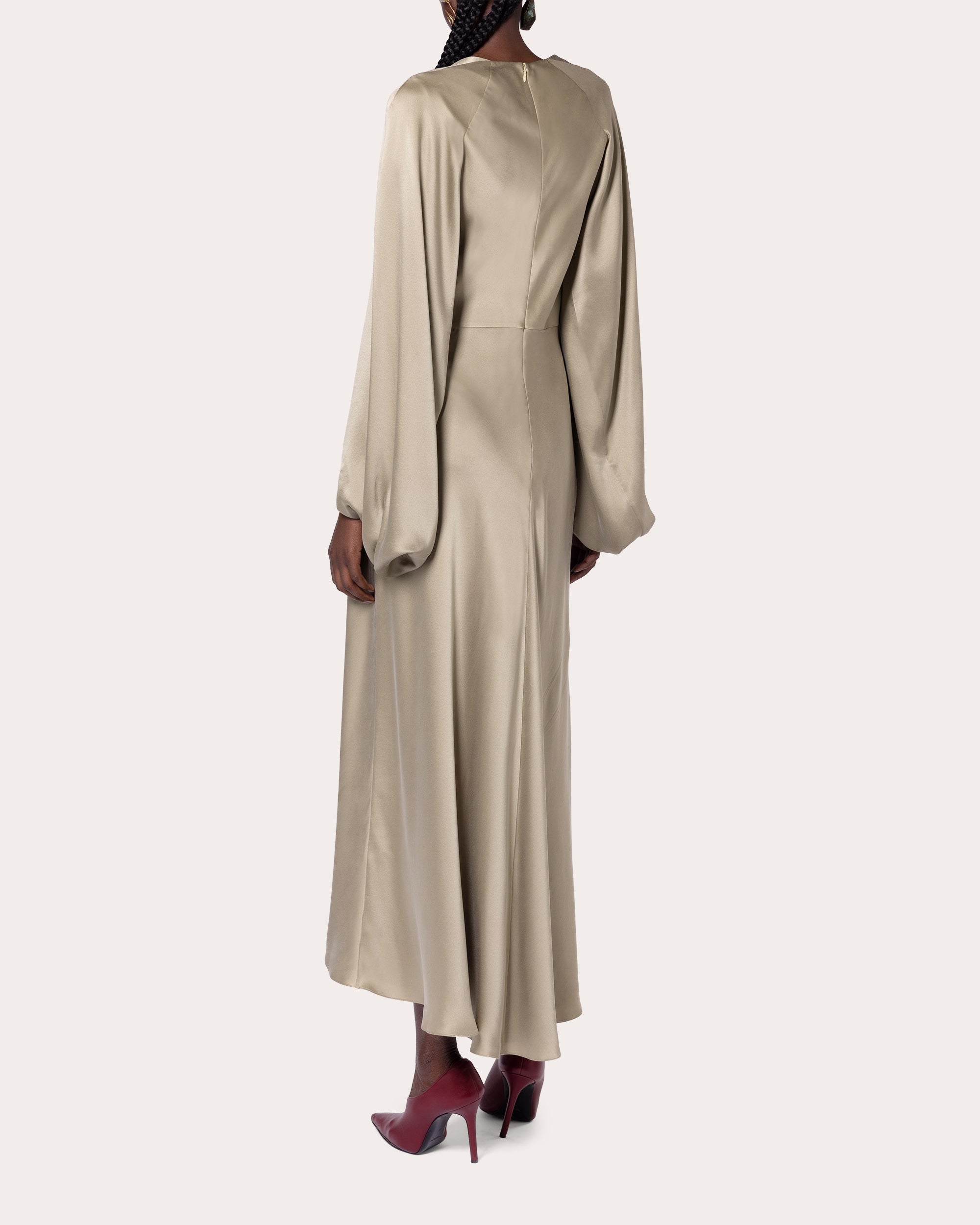 Koda Silk Satin Cape-Sleeve Midi Dress