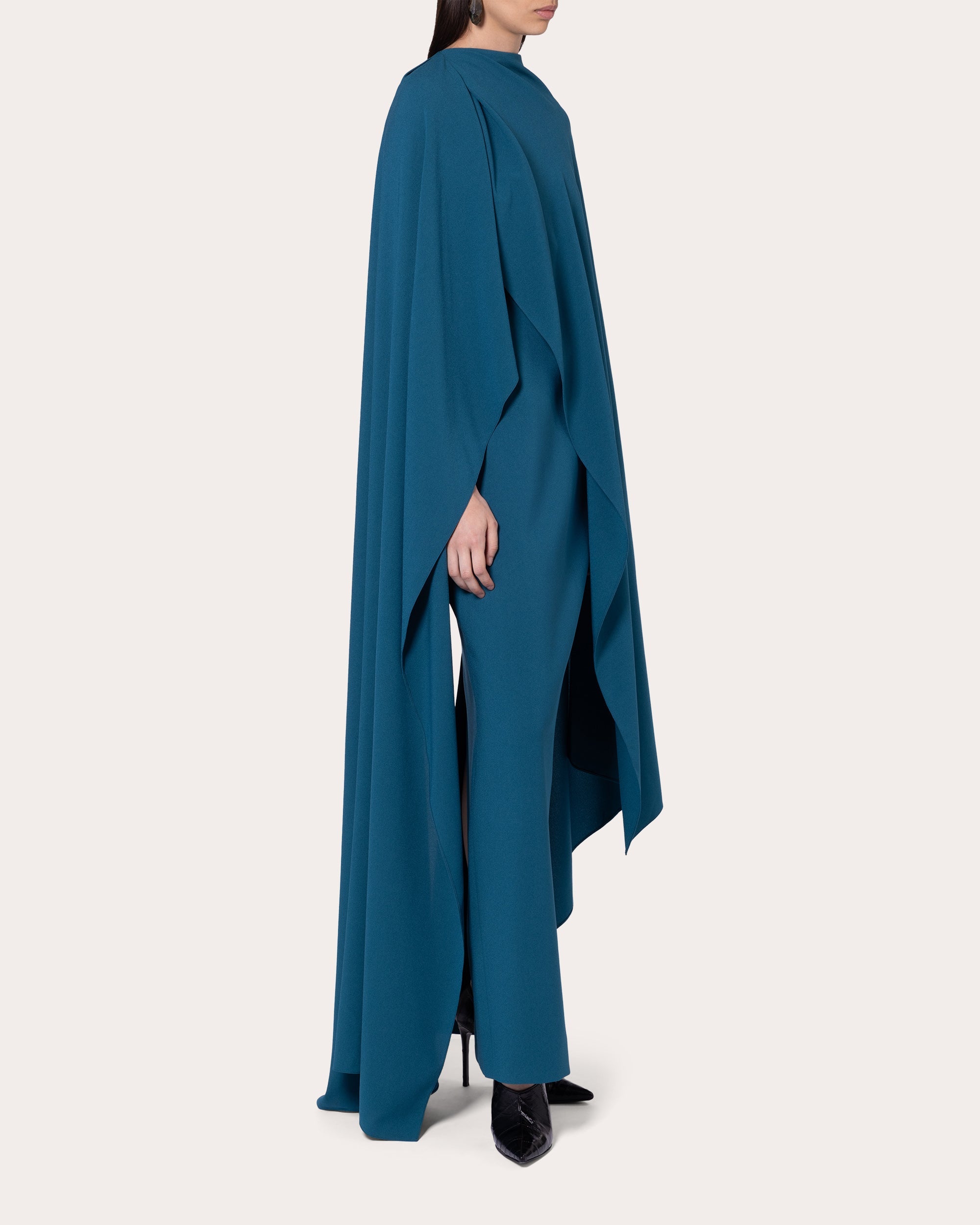 Deena Crepe Asymmetric Cape Maxi Dress