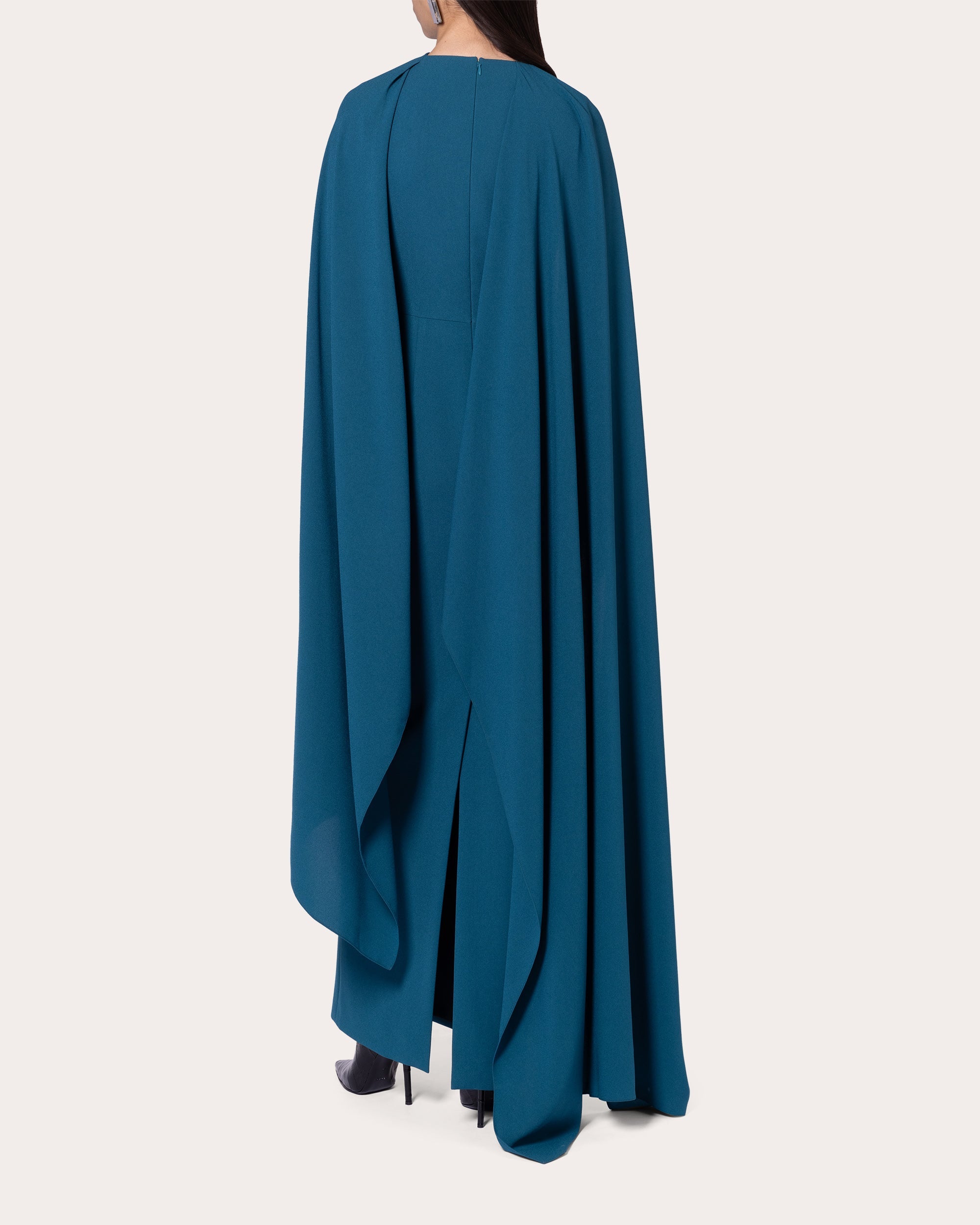 Deena Crepe Asymmetric Cape Maxi Dress