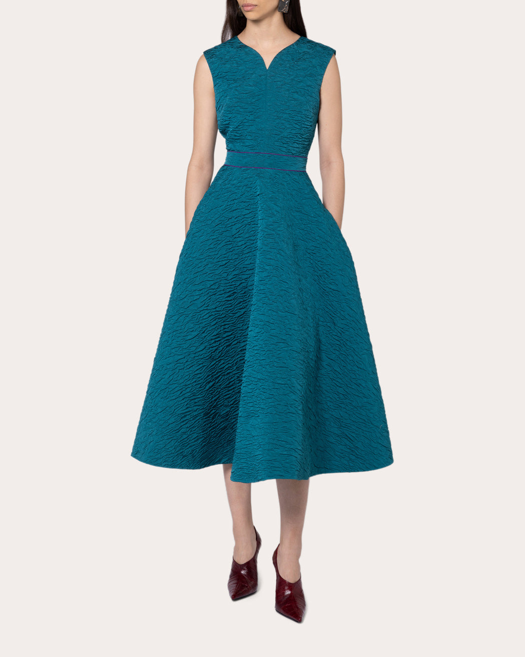 Ridha Cloque Notched Fit & Flare Midi Dress