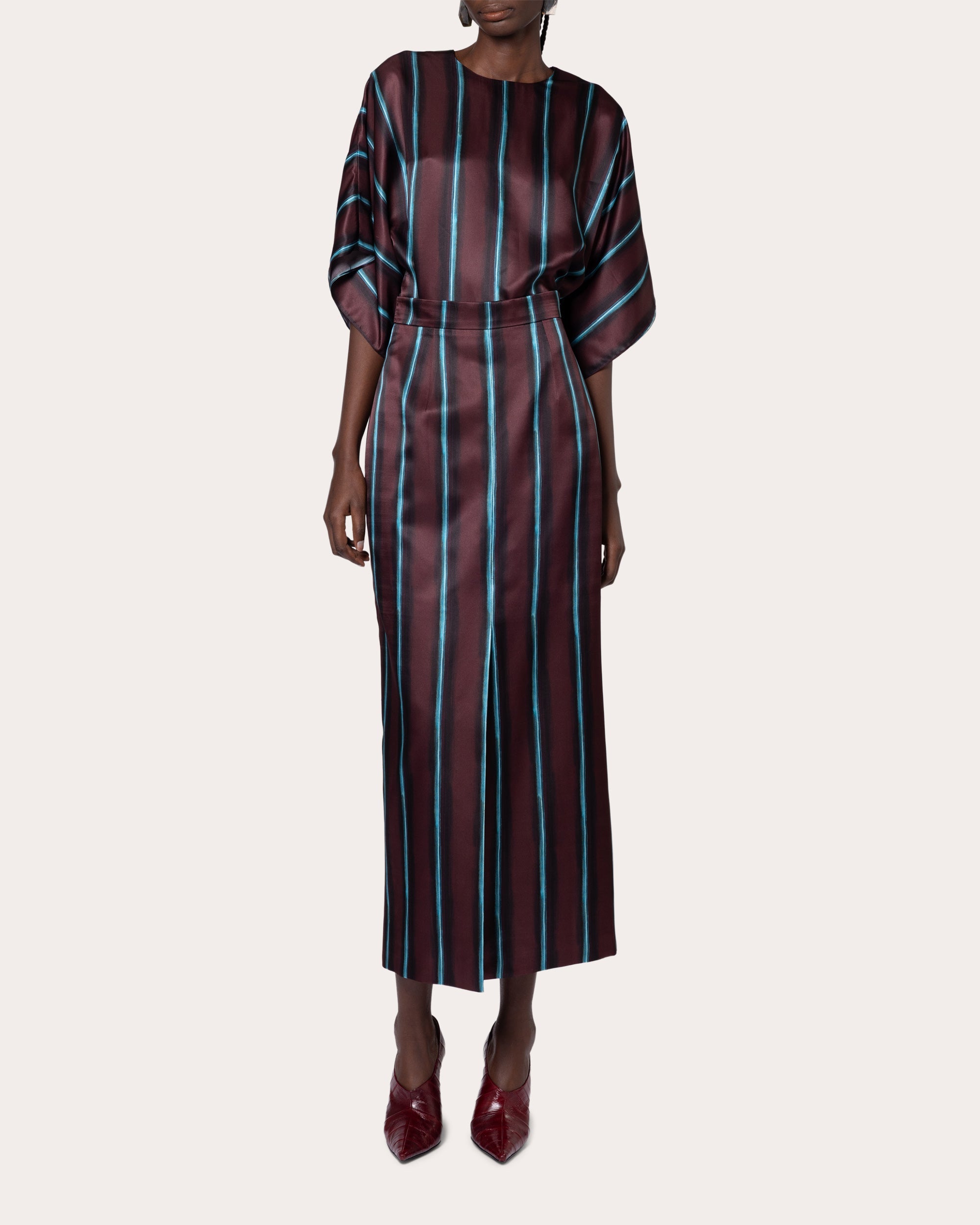 Huda Stripe Silk Slit Pencil Skirt