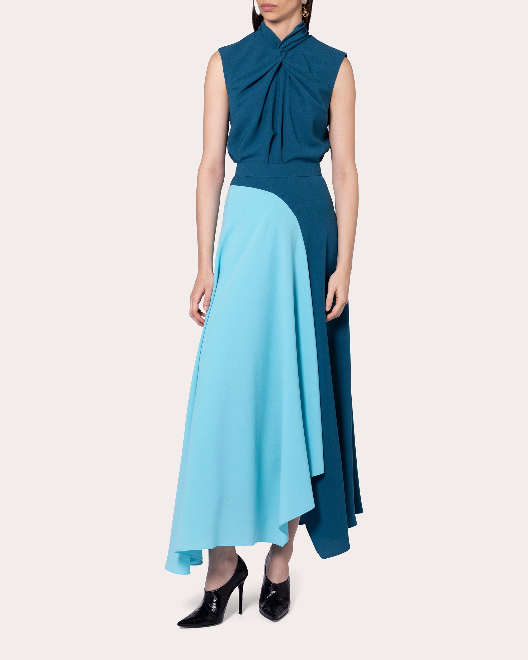 Asha Color Block Crepe Asymmetric Midi Skirt