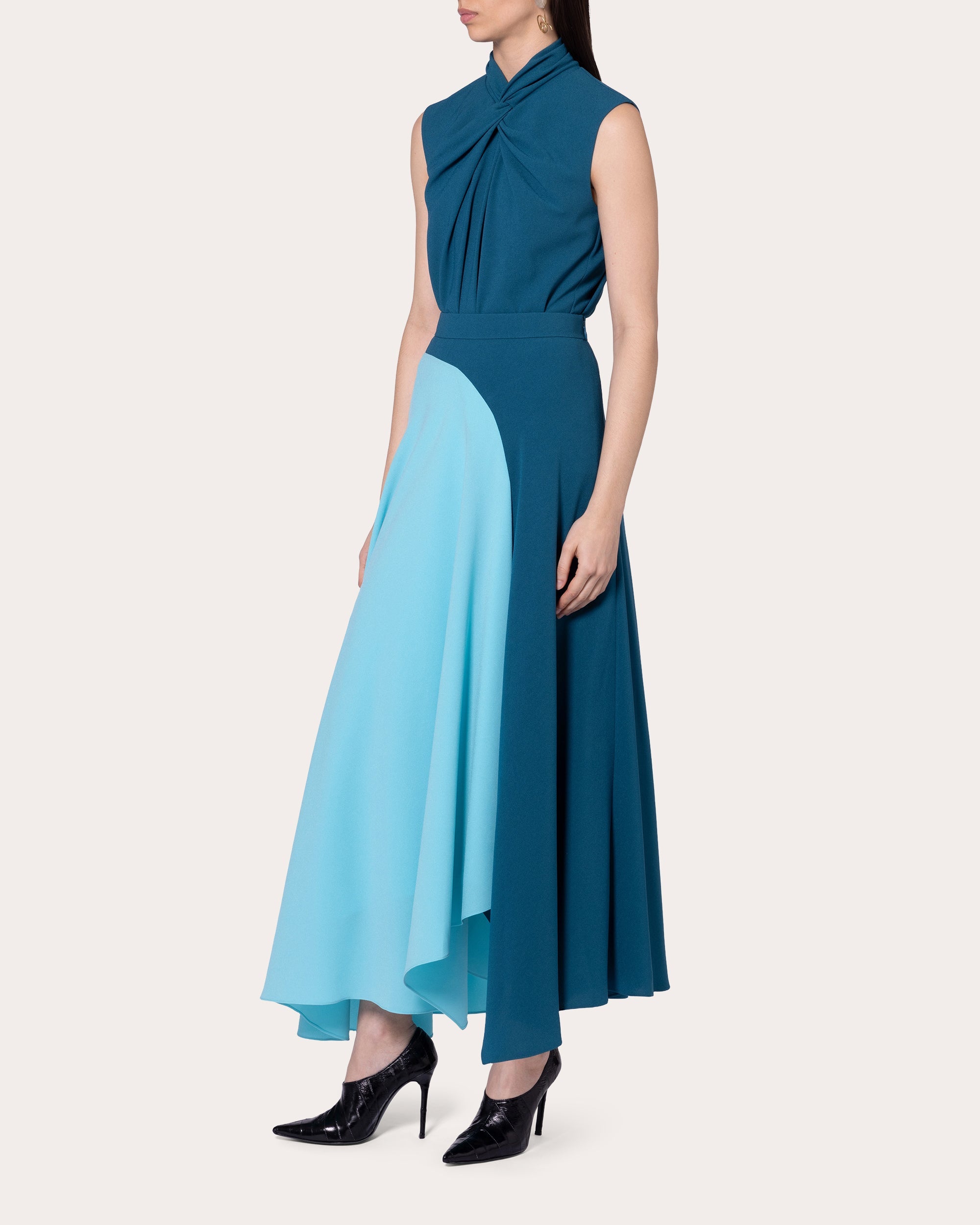 Asha Color Block Crepe Asymmetric Midi Skirt