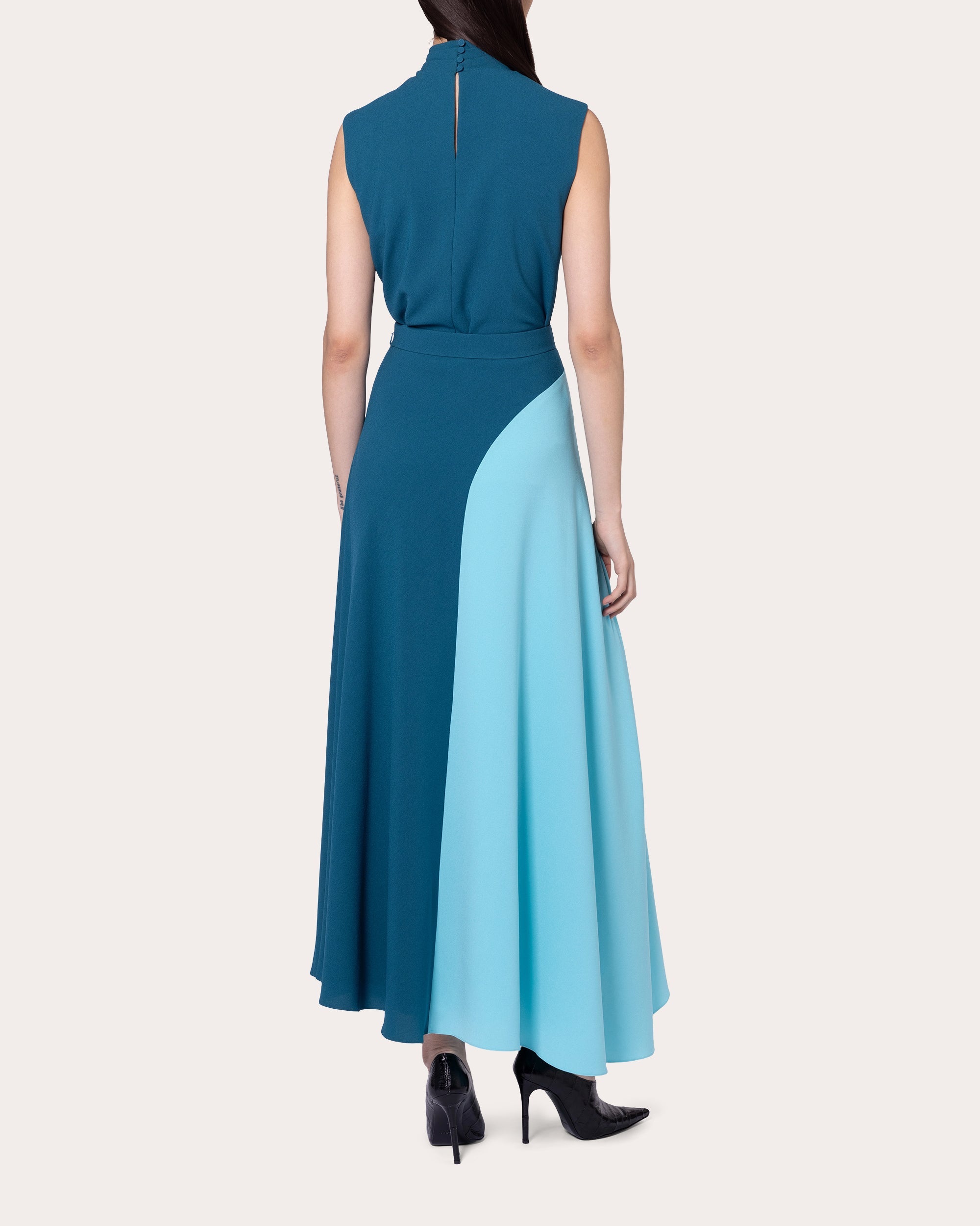 Asha Color Block Crepe Asymmetric Midi Skirt