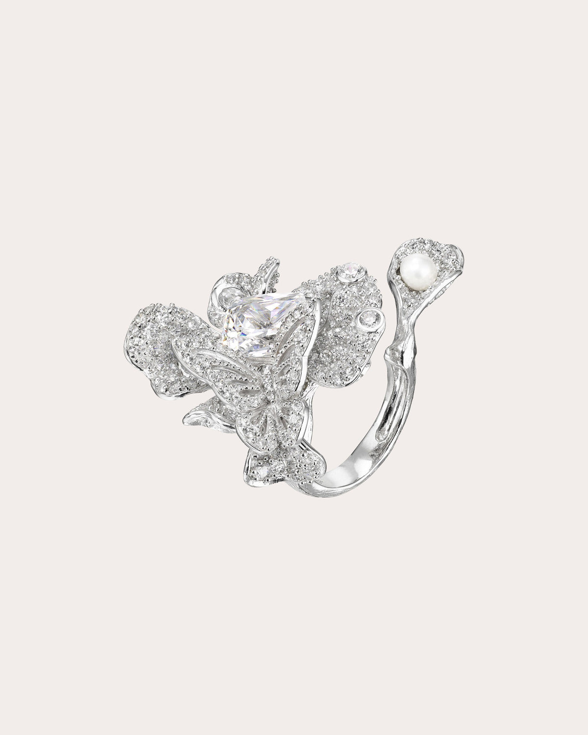 Diamond & Pearl Peony Butterfly Ring