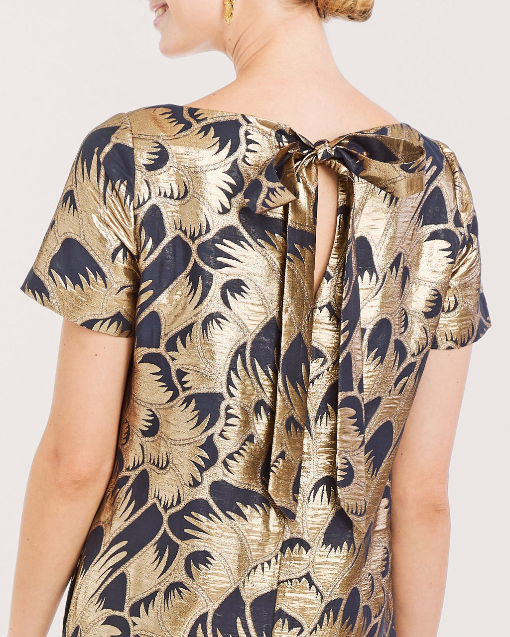 Adria Tie-Back Metallic Jacquard Midi Dress
