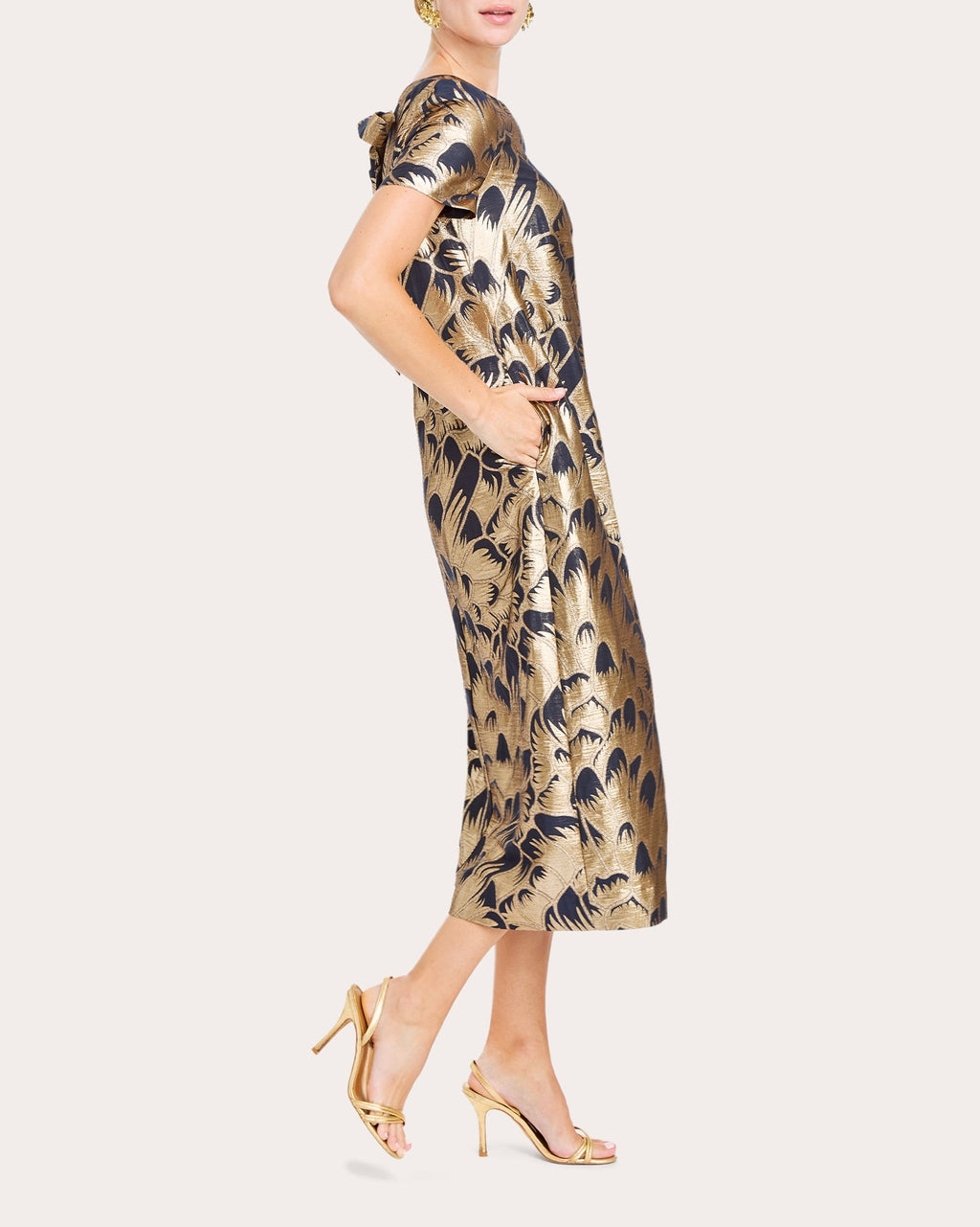 Adria Tie-Back Metallic Jacquard Midi Dress