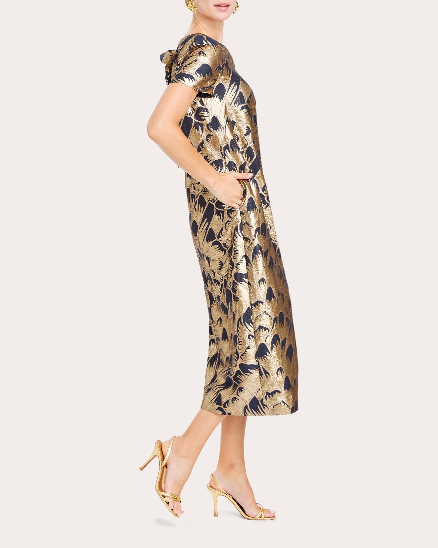 Adria Tie-Back Metallic Jacquard Midi Dress