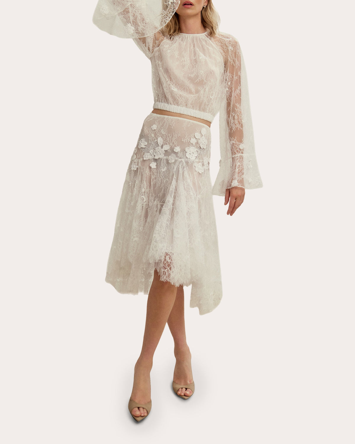 Flor Appliqué Sheer Lace Midi Skirt