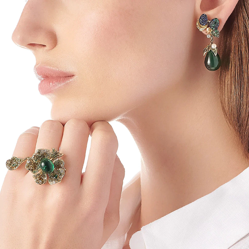 Emerald & Diamond Peony Ring