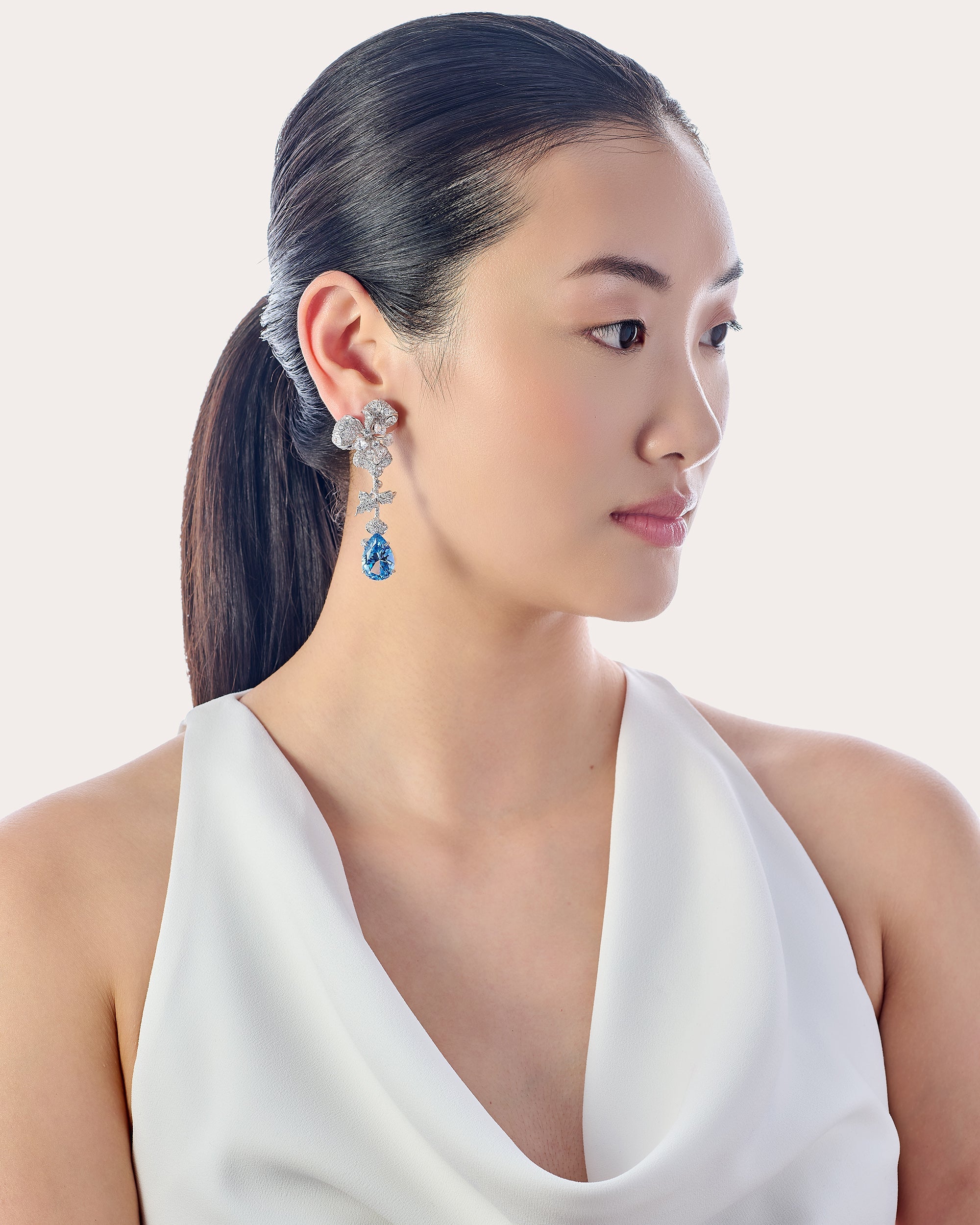 Diamond & Aquamarine Orchid Drop Earrings