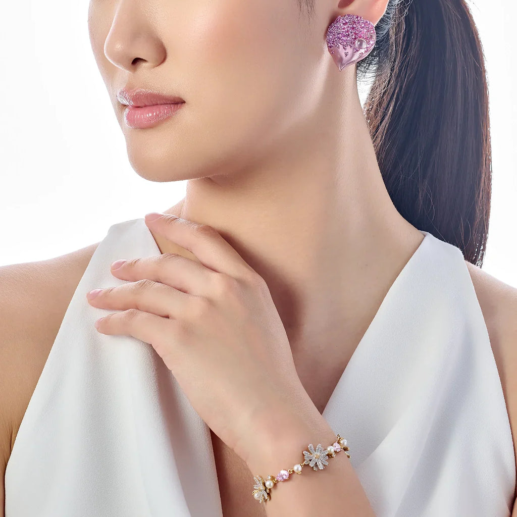 Pink Sapphire & White Topaz Petal Stud Earrings
