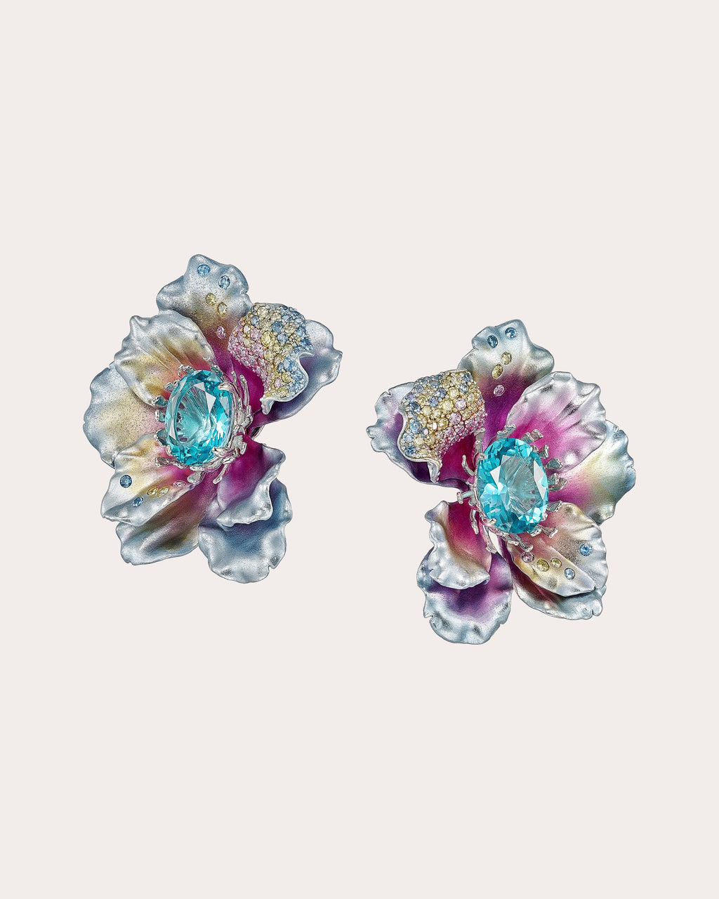 Pink & Yellow Sapphire Iris Poppy Stud Earrings